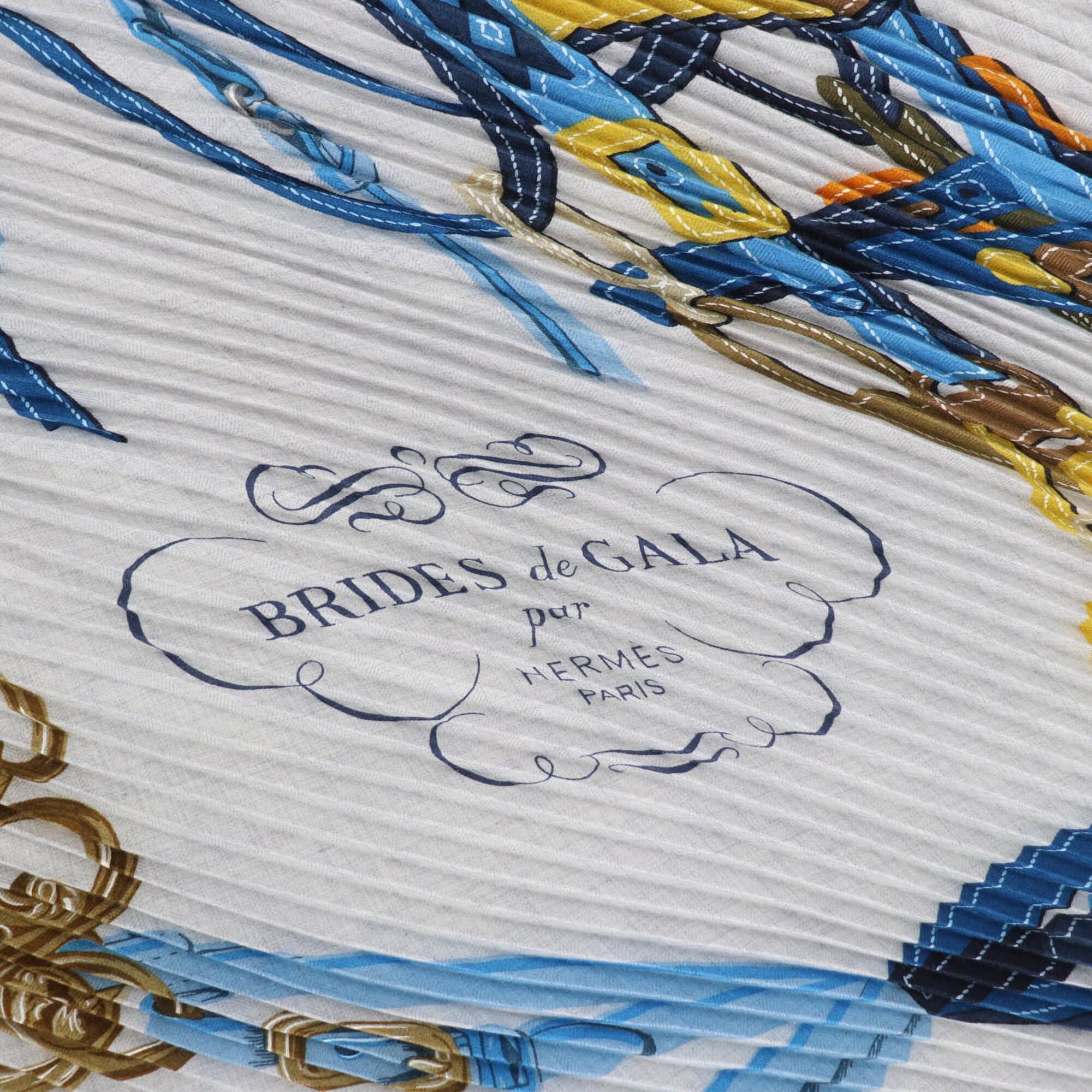 Hermes HERMES Carre Geant pleated Brides de Gala ceremonial horse bridle cashmere silk scarf/muffler in blue tones, made France, women's, with box. Size ONE SIZE - 9 Thumbnail
