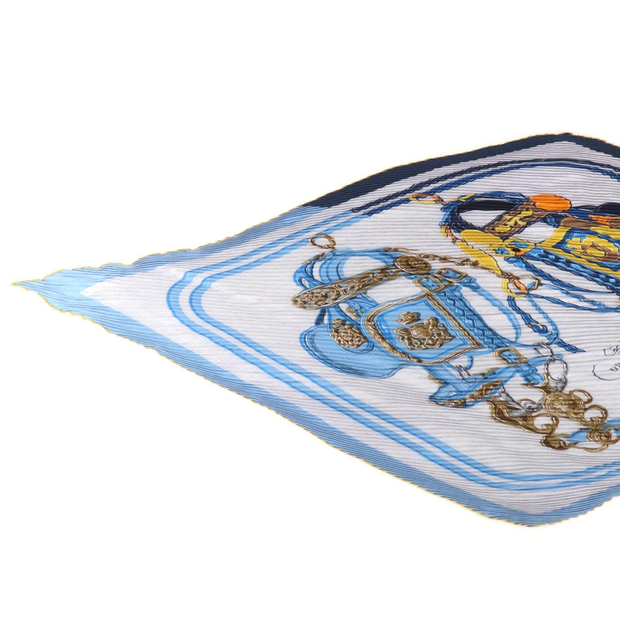 Hermes HERMES Carre Geant pleated Brides de Gala ceremonial horse bridle cashmere silk scarf/muffler in blue tones, made France, women's, with box. Size ONE SIZE - 7 Thumbnail