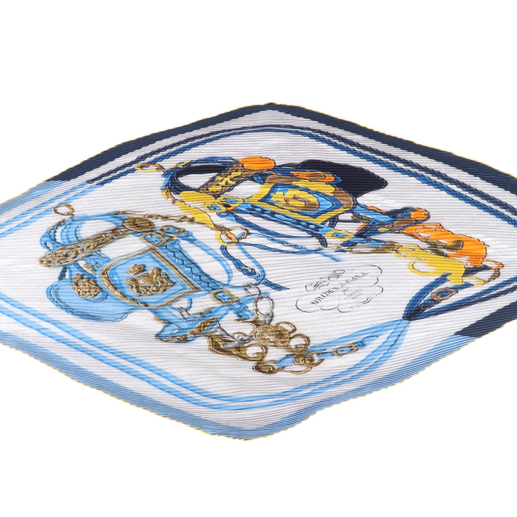 Hermes HERMES Carre Geant pleated Brides de Gala ceremonial horse bridle cashmere silk scarf/muffler in blue tones, made France, women's, with box. Size ONE SIZE - 6 Thumbnail