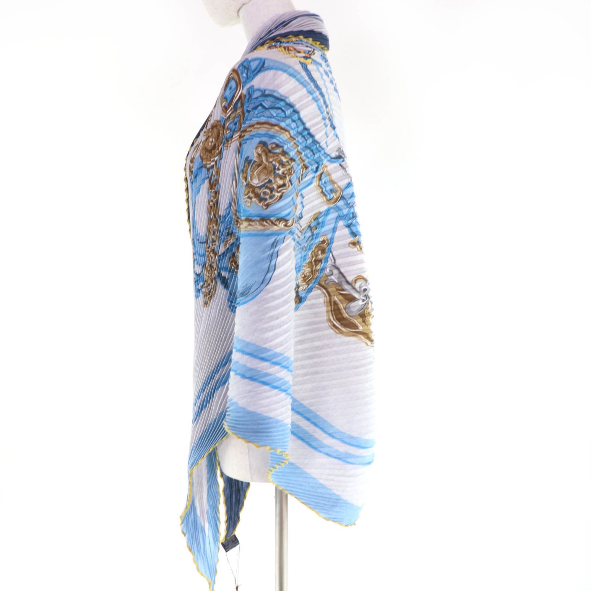 Hermes HERMES Carre Geant pleated Brides de Gala ceremonial horse bridle cashmere silk scarf/muffler in blue tones, made France, women's, with box. Size ONE SIZE - 4 Thumbnail