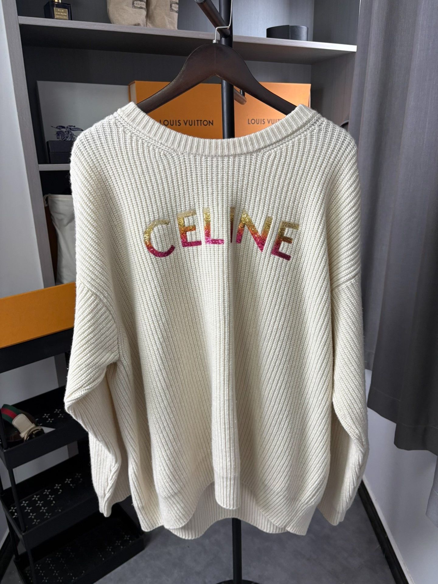 Celine Celine Sequin Logo Wool Sweater S Size S / US 4 / IT 40 - 2 Thumbnail