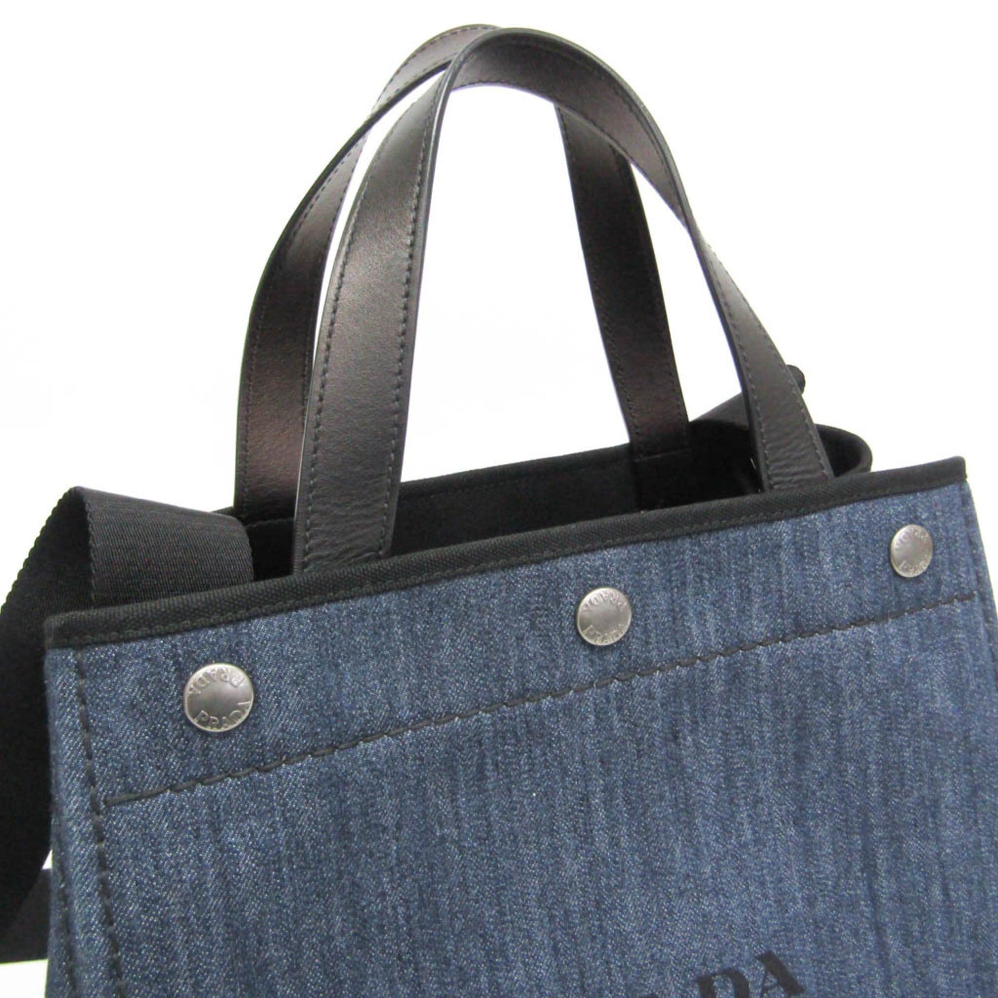 Prada Prada Denim City Calf Tote 1BG311 Women's Denim,Leather Shoulder Bag,Tote Bag Black,Blue Size ONE SIZE - 8 Thumbnail