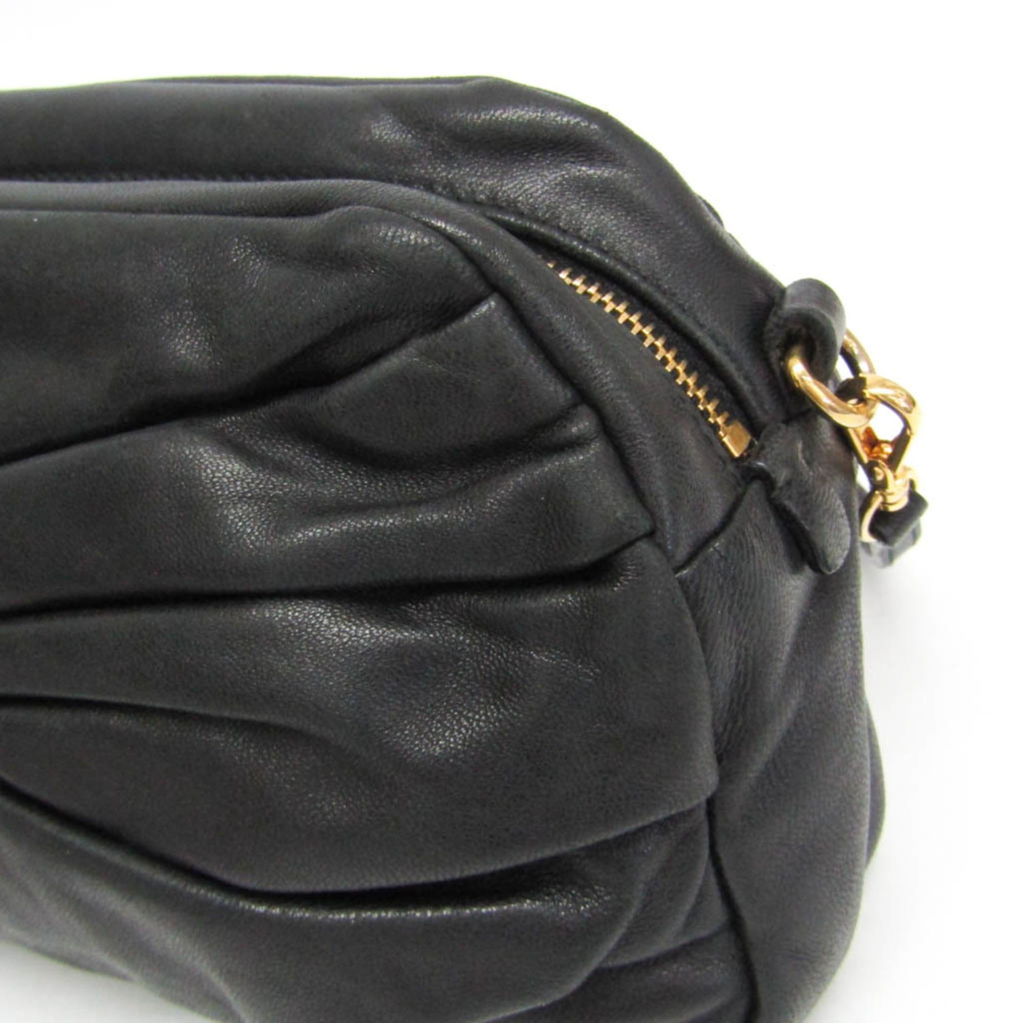 Miu Miu Miu Miu Ribbon Gather Women's Leather Shoulder Bag Black Size ONE SIZE - 7 Thumbnail