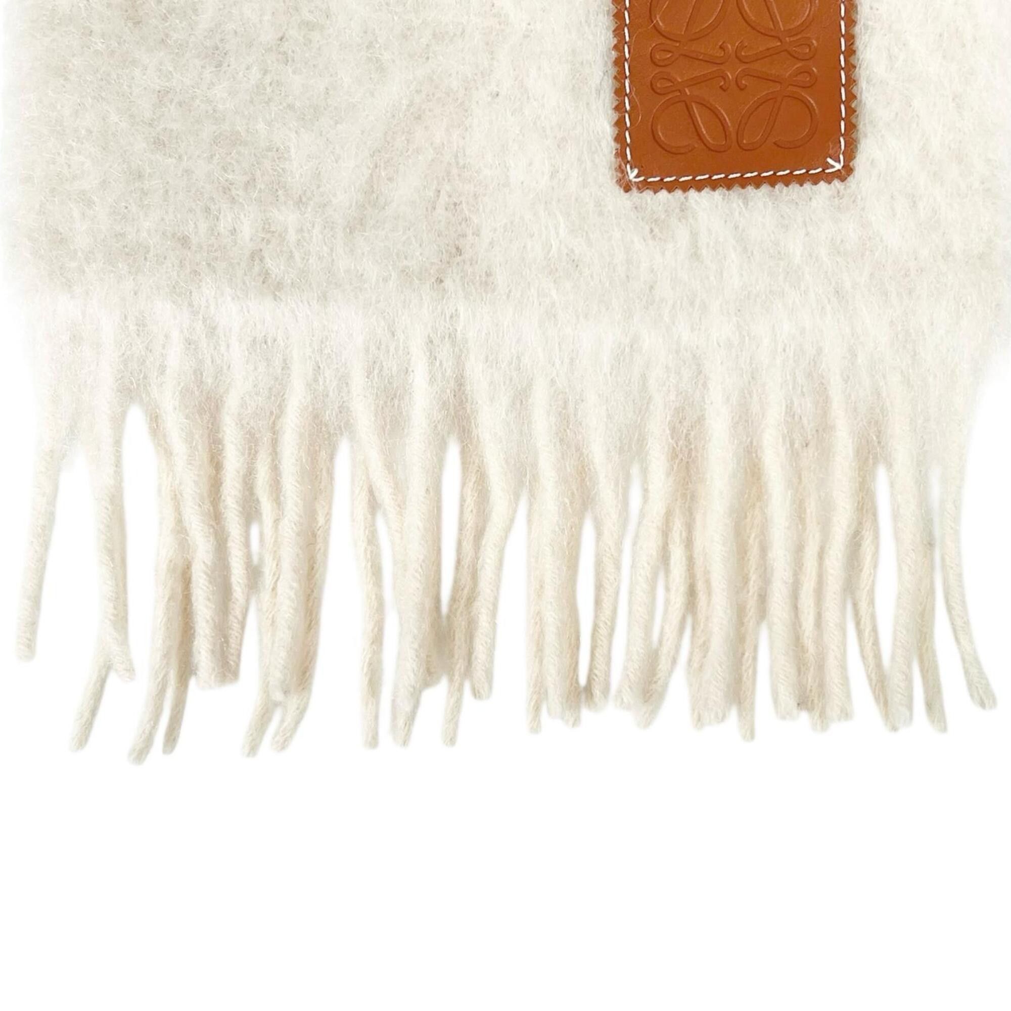 Loewe LOEWE Mohair Wool Anagram Leather Patch Fringe Scarf, Ivory, Made in Spain, Authentic, Women's Size ONE SIZE - 4 Thumbnail