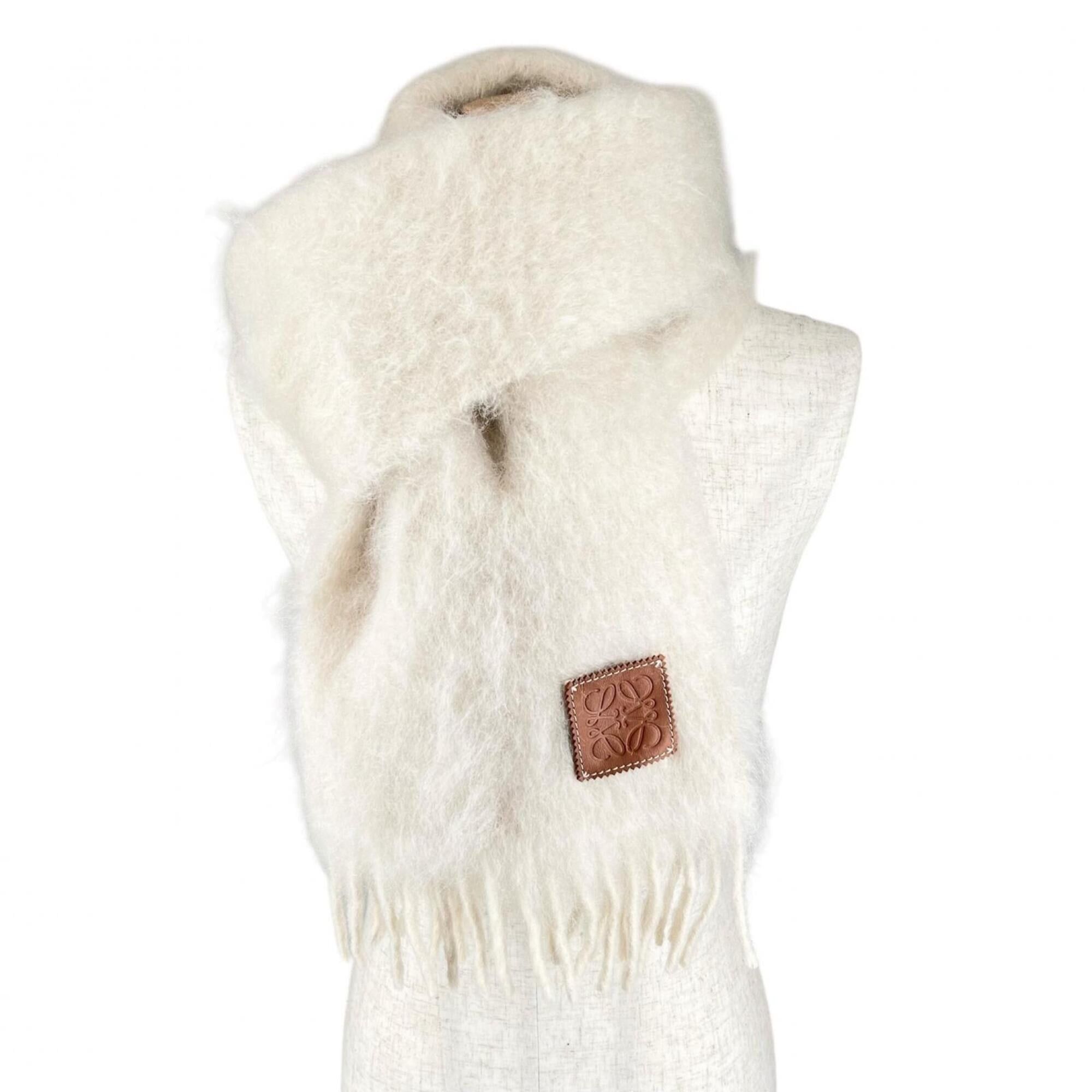 Loewe LOEWE Mohair Wool Anagram Leather Patch Fringe Scarf, Ivory, Made in Spain, Authentic, Women's Size ONE SIZE - 2 Thumbnail