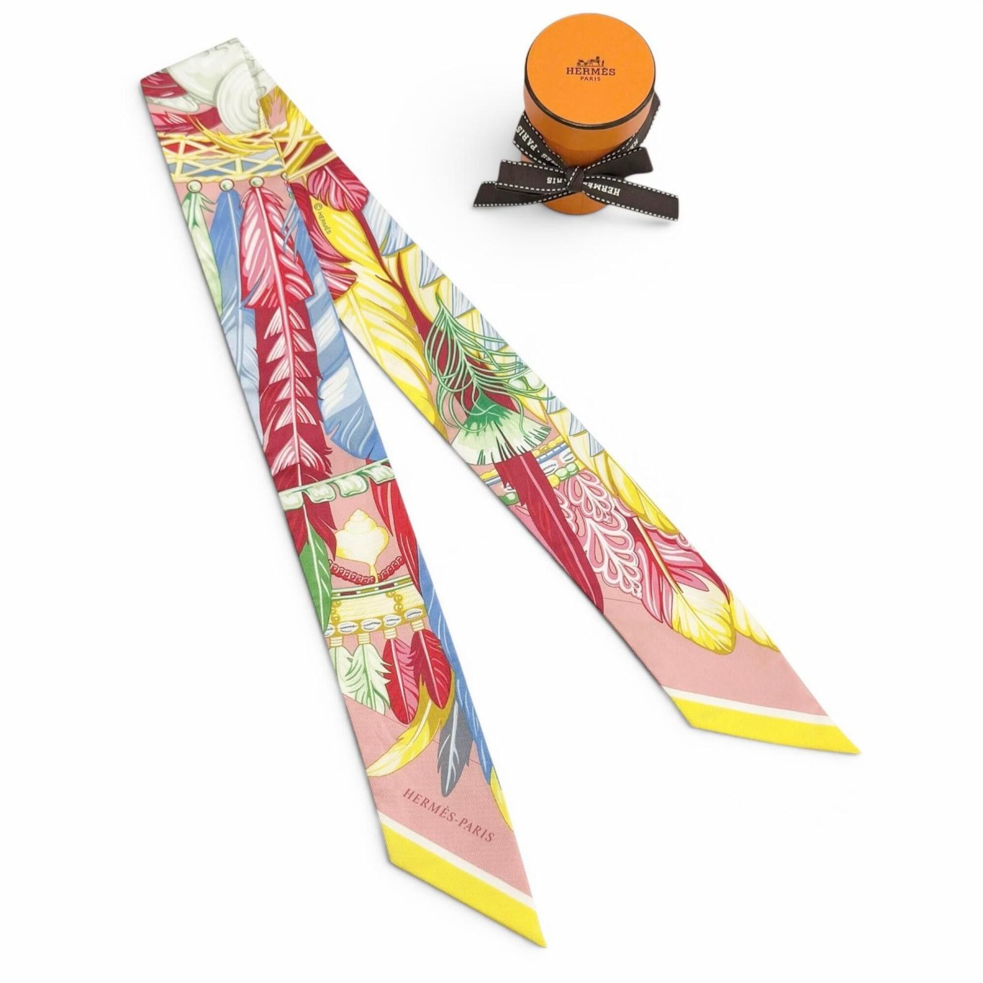Hermes HERMES Twilly Danse Pacifique 100% Silk Vieux Rose Blue Vert Scarf Muffler, Made in France, Women's, with Box. Size ONE SIZE - 2 Thumbnail