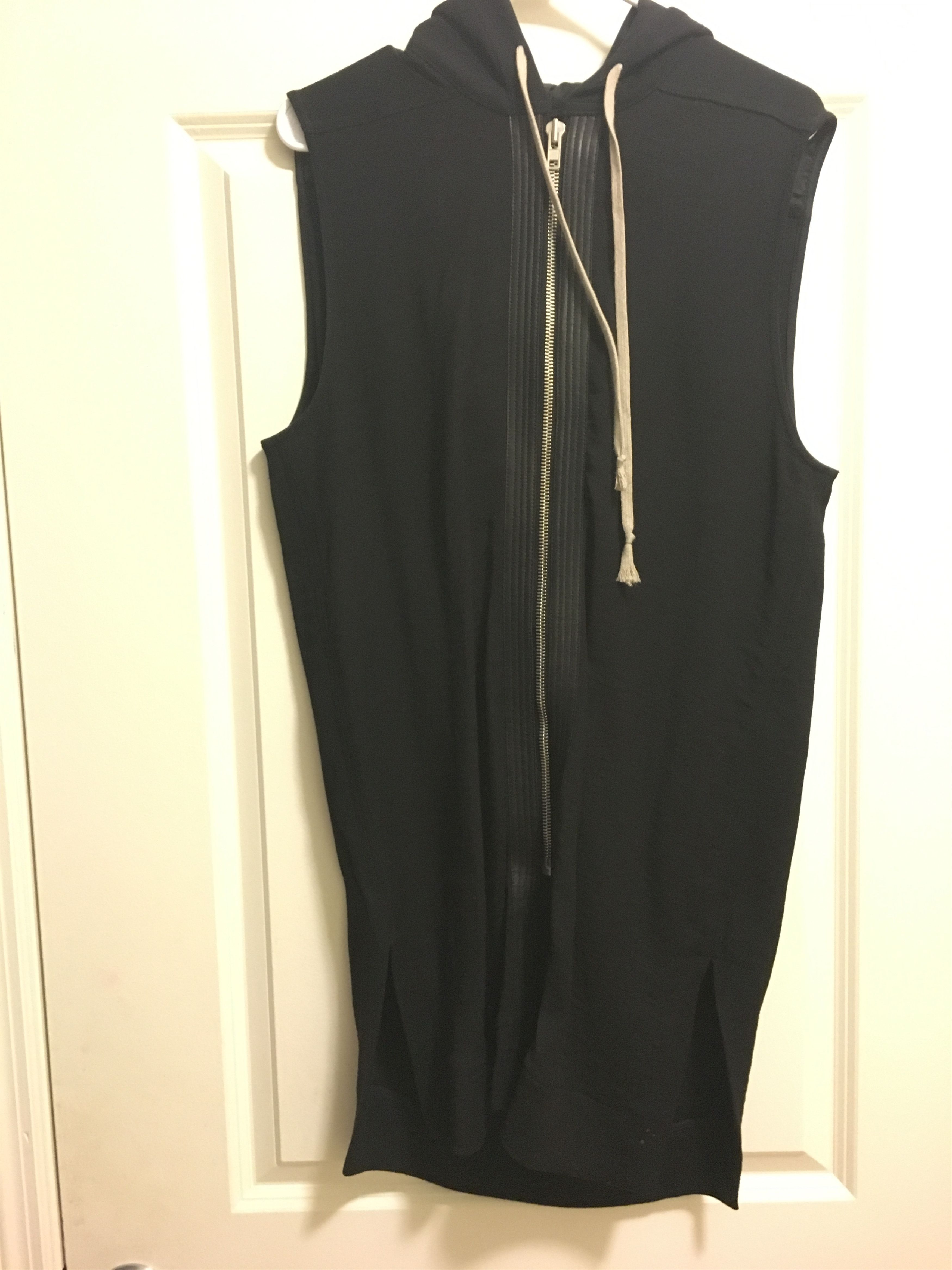 Rick Owens mens black sleveless long hoodie with leather patches lining sz 48