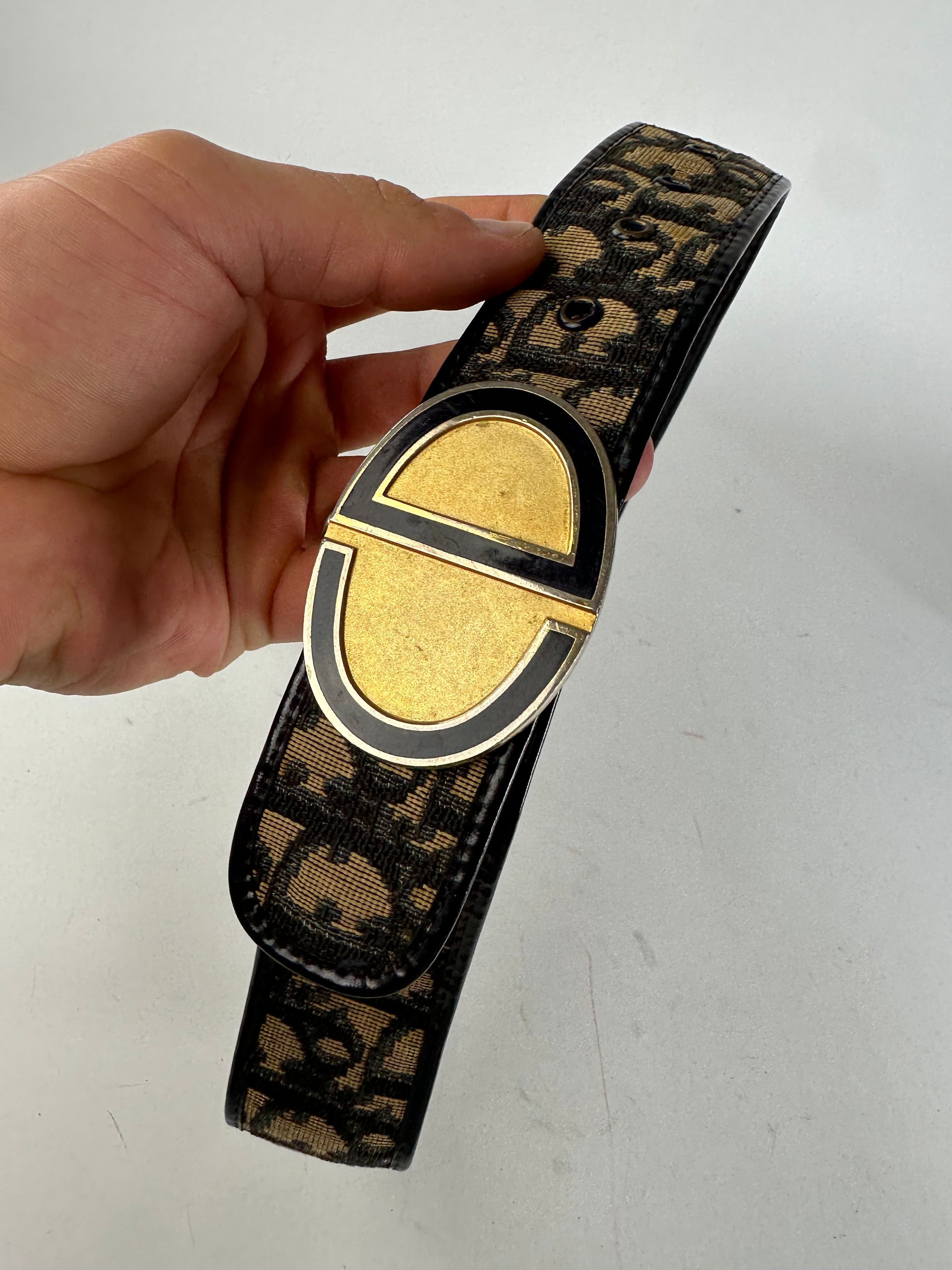 Other Vintage Dior Oblique Monogram Canvas Leather Belt Navy Beige Size ONE SIZE - 2 Thumbnail