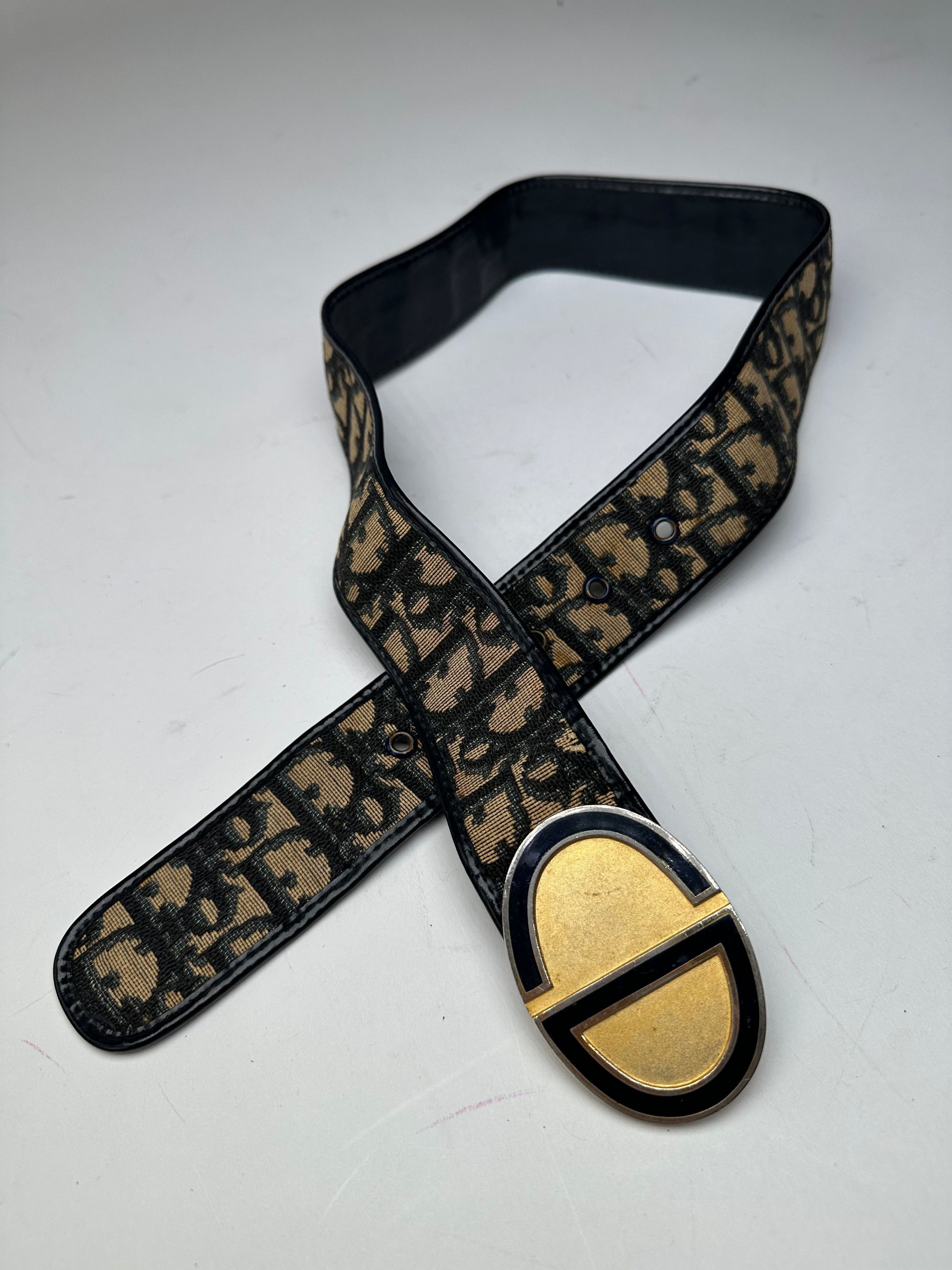 Other Vintage Dior Oblique Monogram Canvas Leather Belt Navy Beige Size ONE SIZE - 6 Thumbnail