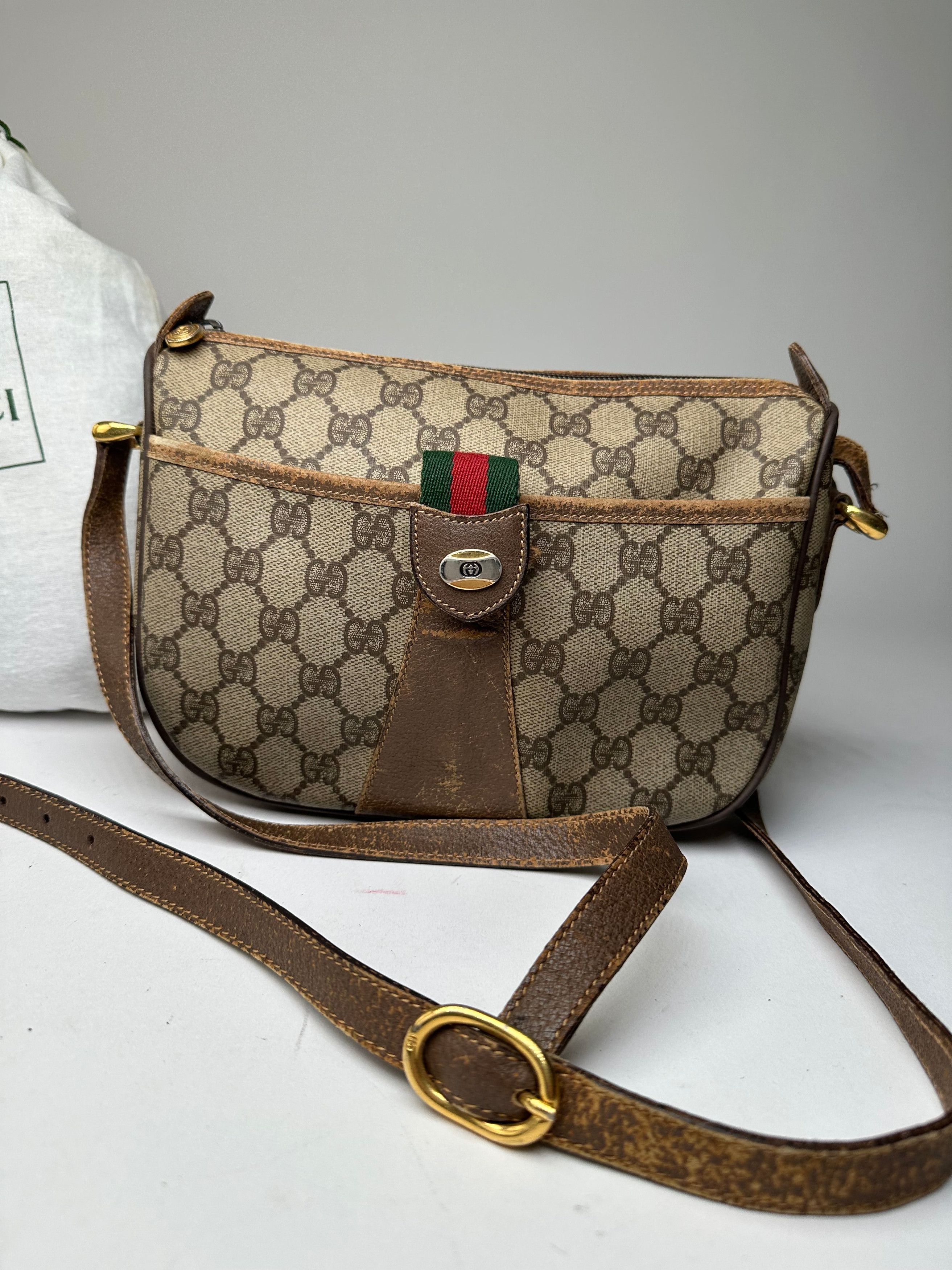 Gucci Vintage GG Monogram Web Stripe Canvas Leather Crossbody Bag Size ONE SIZE - 7 Thumbnail