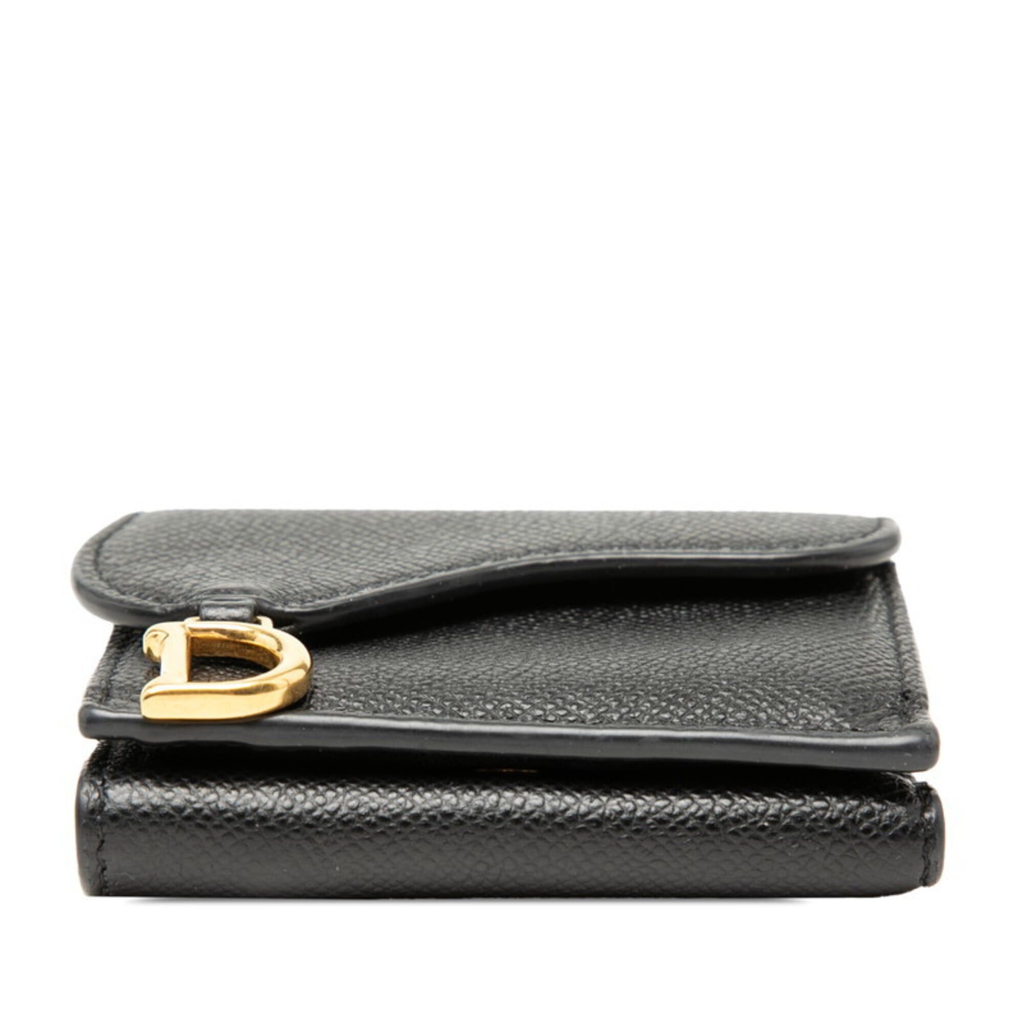 Dior Christian Dior Dior Saddle Tri-fold Wallet Compact Black Gold Hardware Leather Women's Size ONE SIZE - 3 Thumbnail