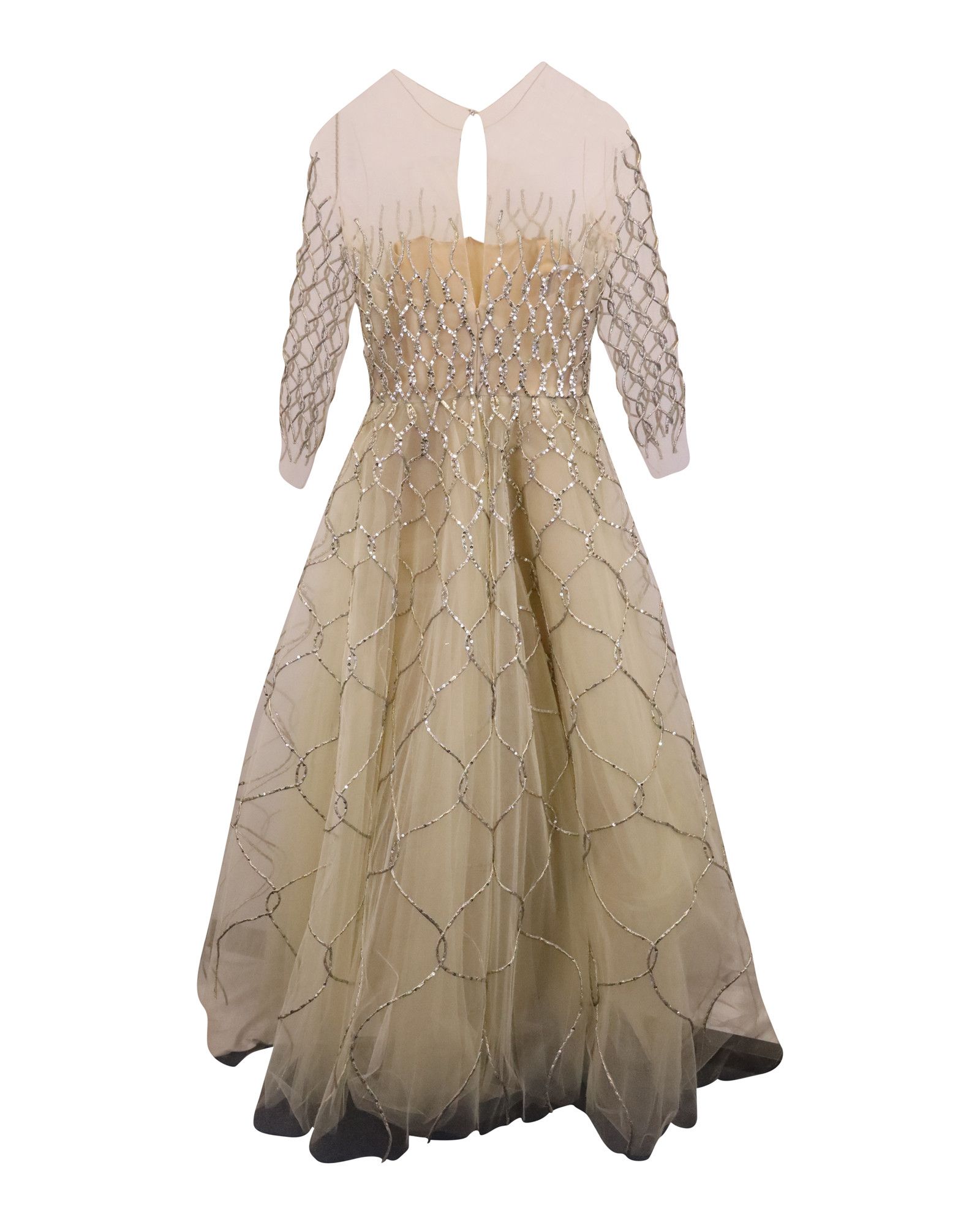 Oscar De La Renta Oscar de la Renta Quarter-Sleeve Corded Gown in Cream Tulle Size XS / US 0-2 / IT 36-38 - 2 Thumbnail