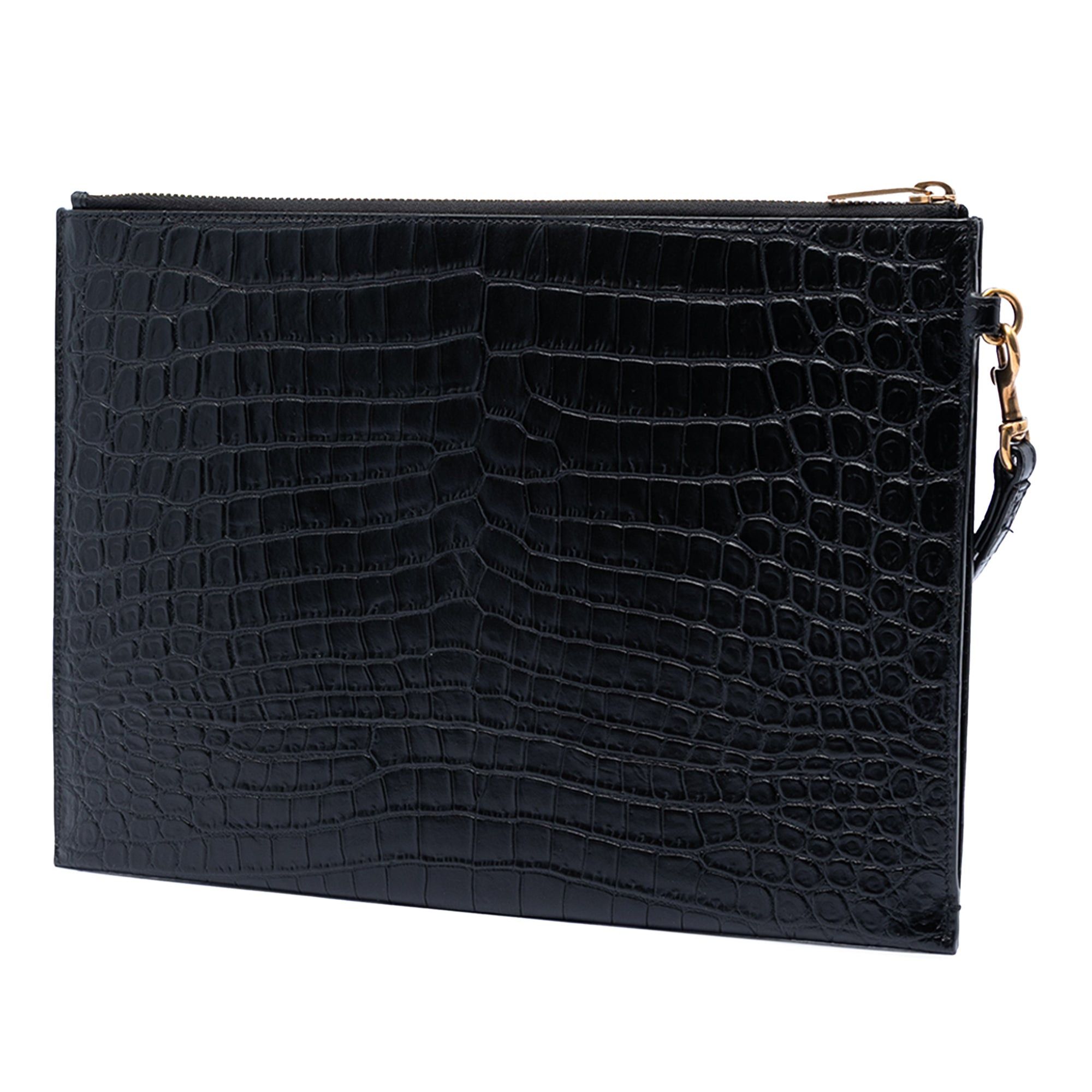 Saint Laurent Paris Croc Embossed Leather Tiny Monogram Zipped Tablet Holder Size ONE SIZE - 2 Thumbnail
