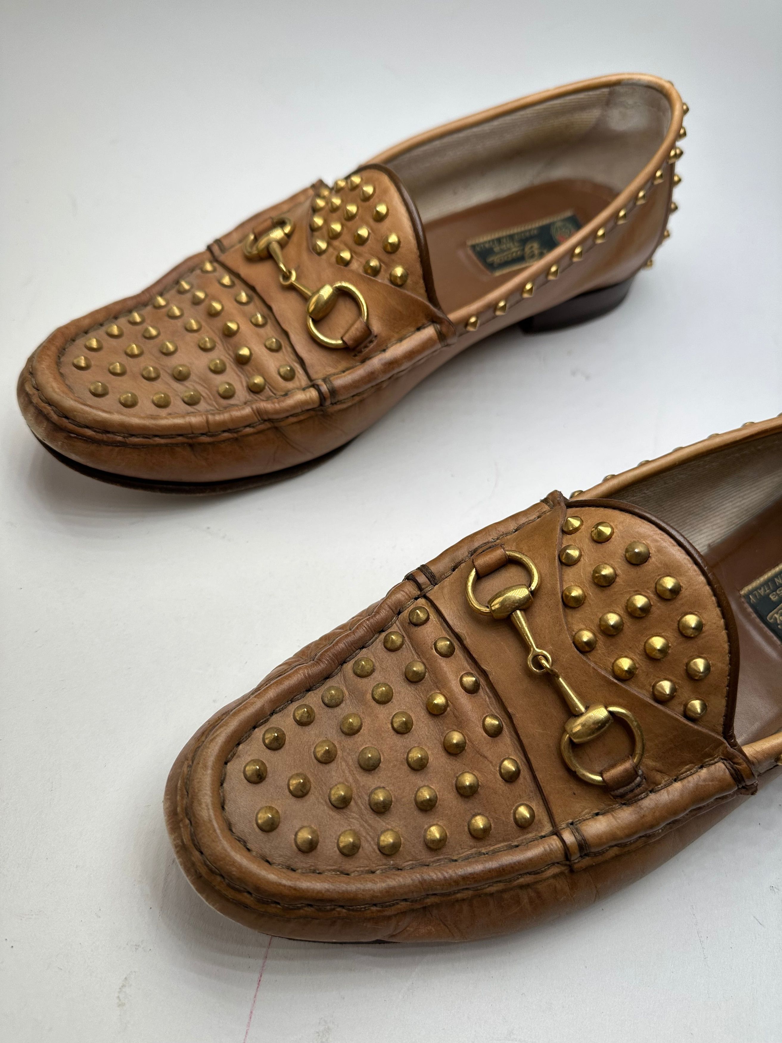 Gucci Vintage Studded Horsebit Leather Loafer Cognac Brown Size US 8 / IT 38 - 3 Thumbnail