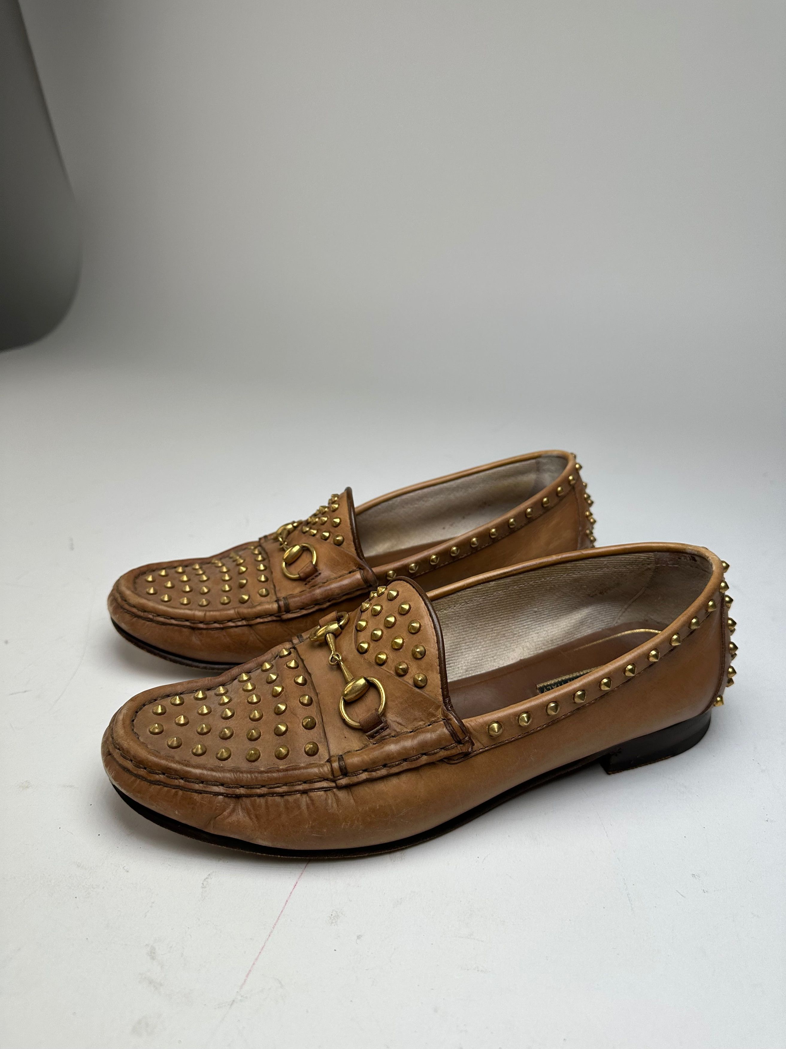 Gucci Vintage Studded Horsebit Leather Loafer Cognac Brown Size US 8 / IT 38 - 11 Thumbnail