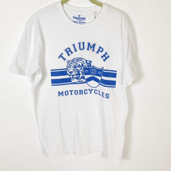 Lucky Brand Lucky Brand Mens M Medium Triumph Motorcycles Cycles Tee Shirt  Graphic White Blue NEW