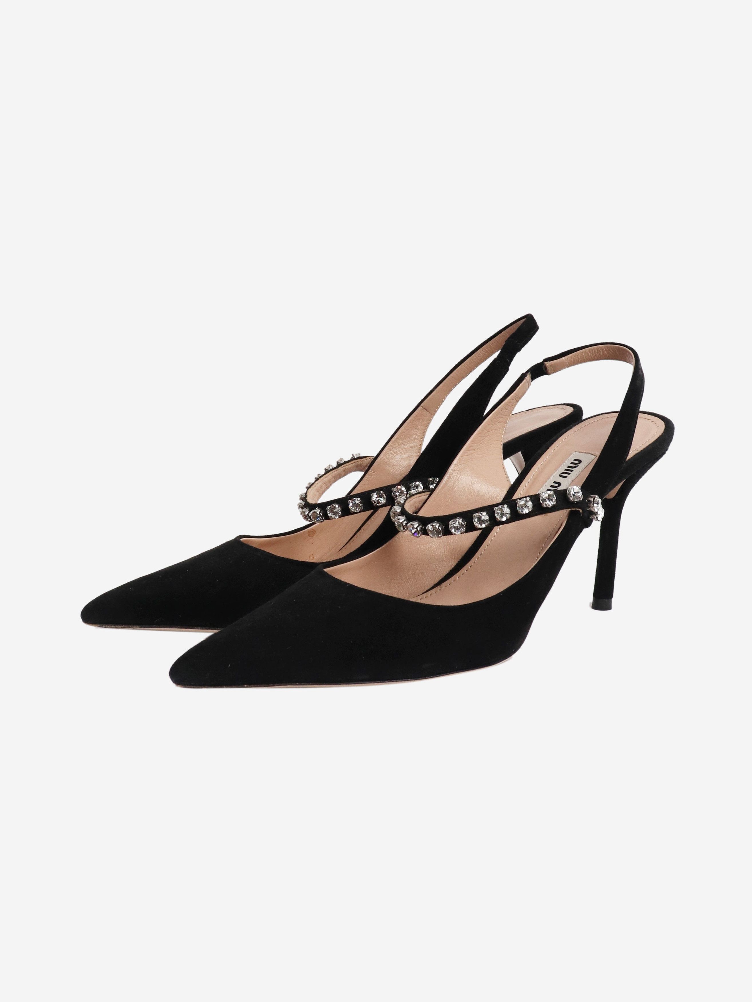Miu Miu Black suede embellished slingback pumps - EU 37.5 Size US 6 / IT 36 - 2 Thumbnail