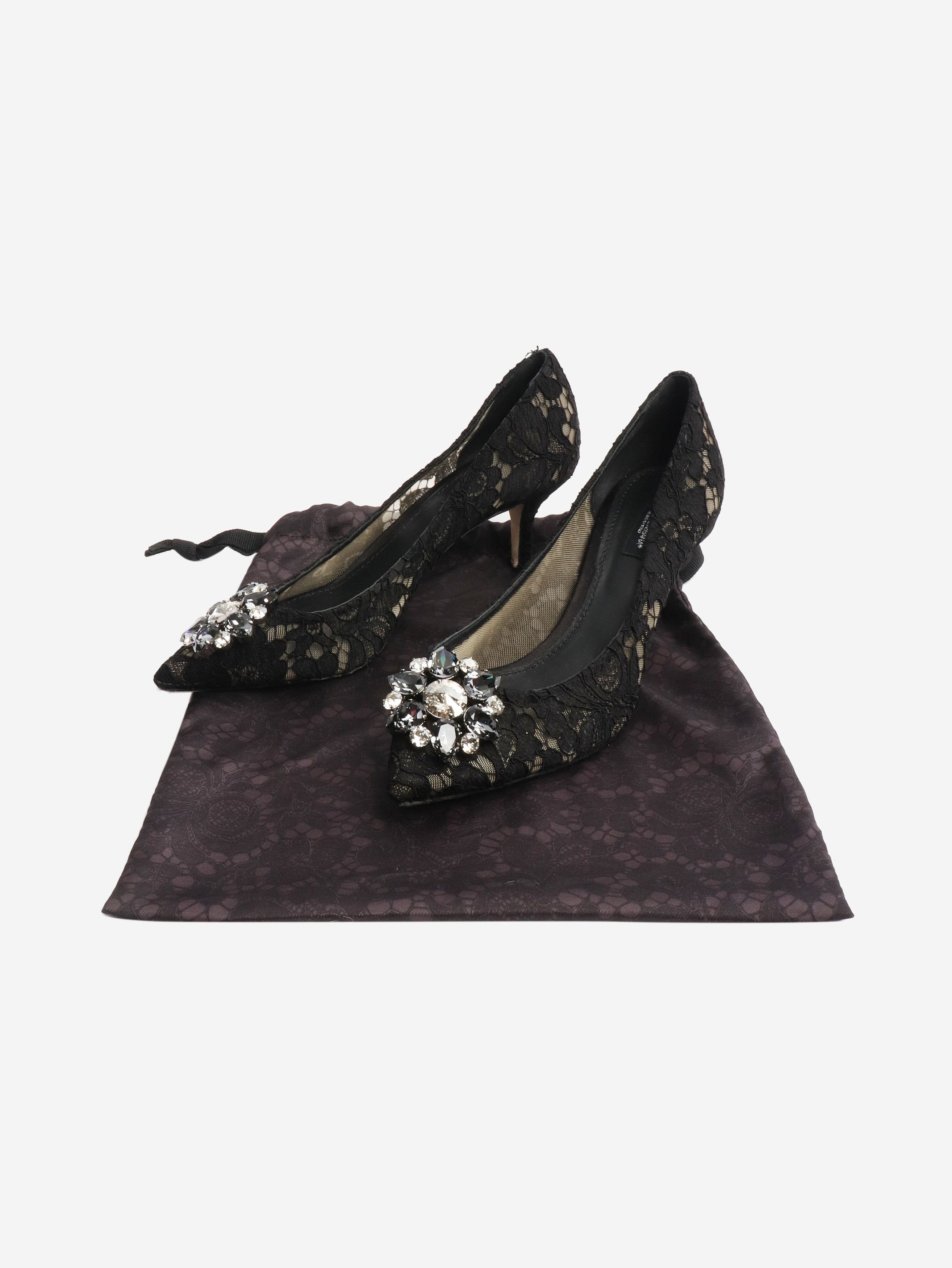 Dolce & Gabbana Black bejewelled lace pumps - EU 39.5 Size US 8 / IT 38 - 6 Thumbnail