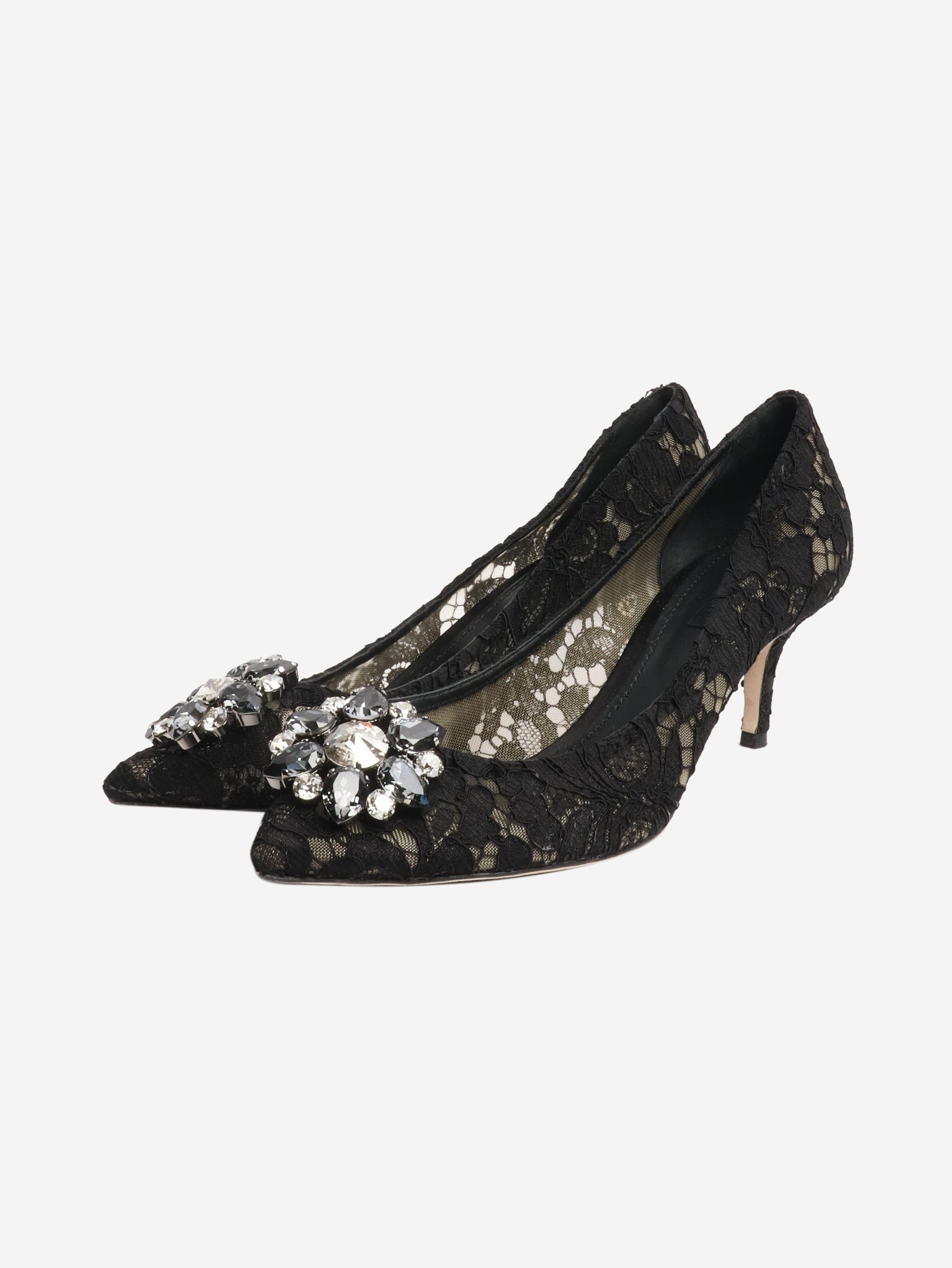 Dolce & Gabbana Black bejewelled lace pumps - EU 39.5 Size US 8 / IT 38 - 2 Thumbnail