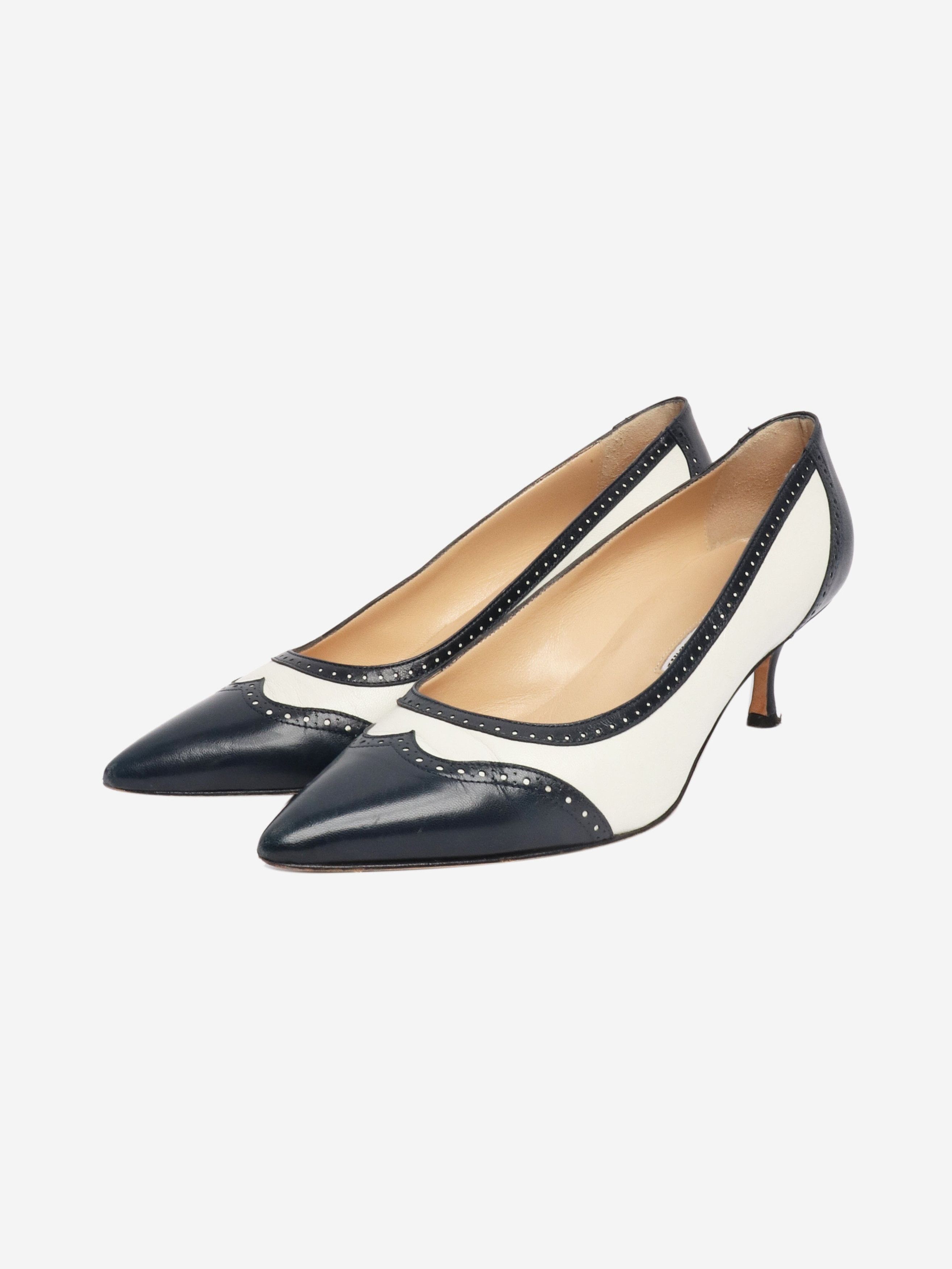 Manolo Blahnik Navy leather kitten-heel pumps - EU 41.5 Size US 10 / IT 40 - 2 Thumbnail
