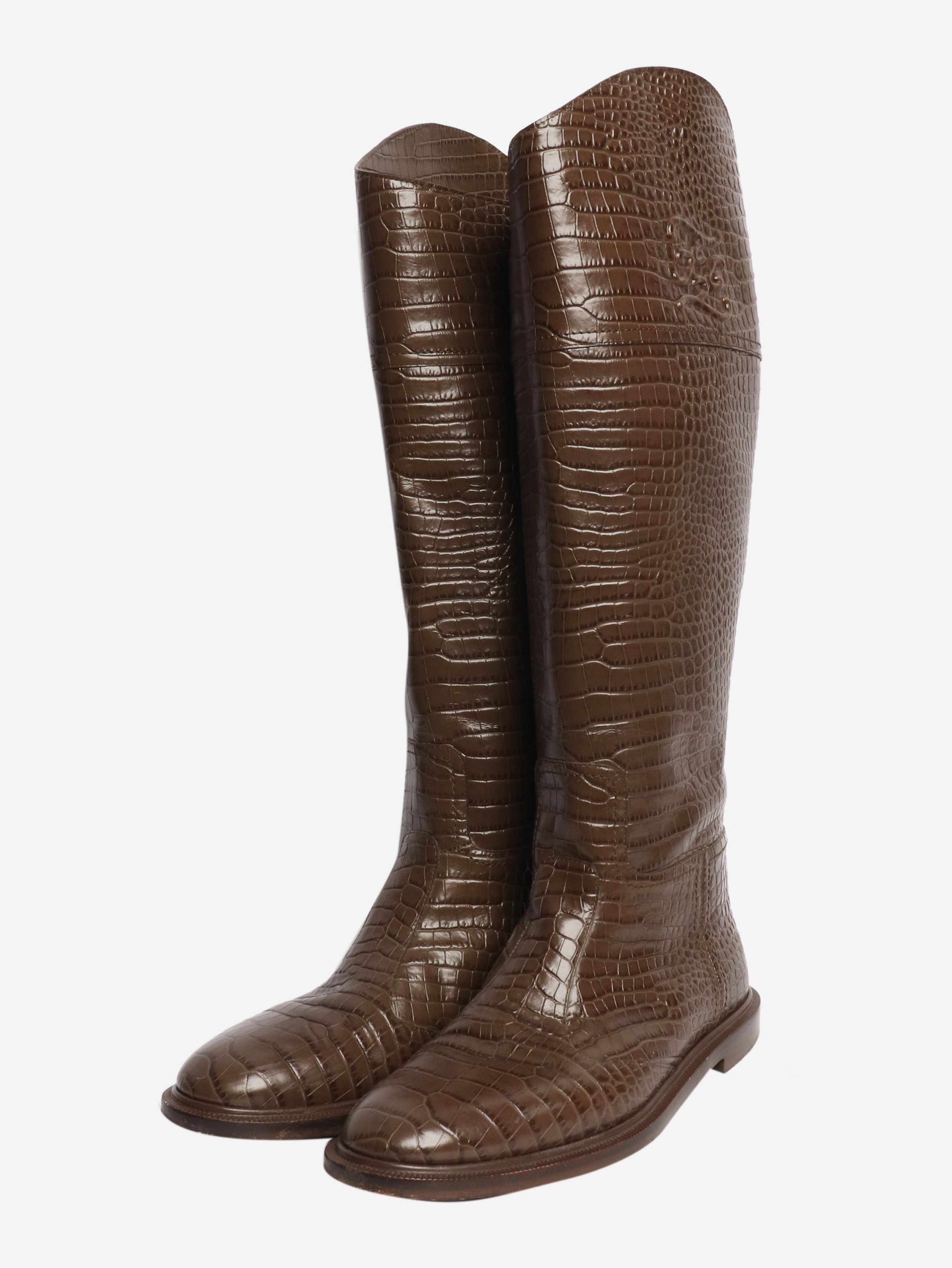 Fendi Brown Karligraphy croc-embossed riding boots - EU 38.5 Size US 7 / IT 37 - 2 Thumbnail