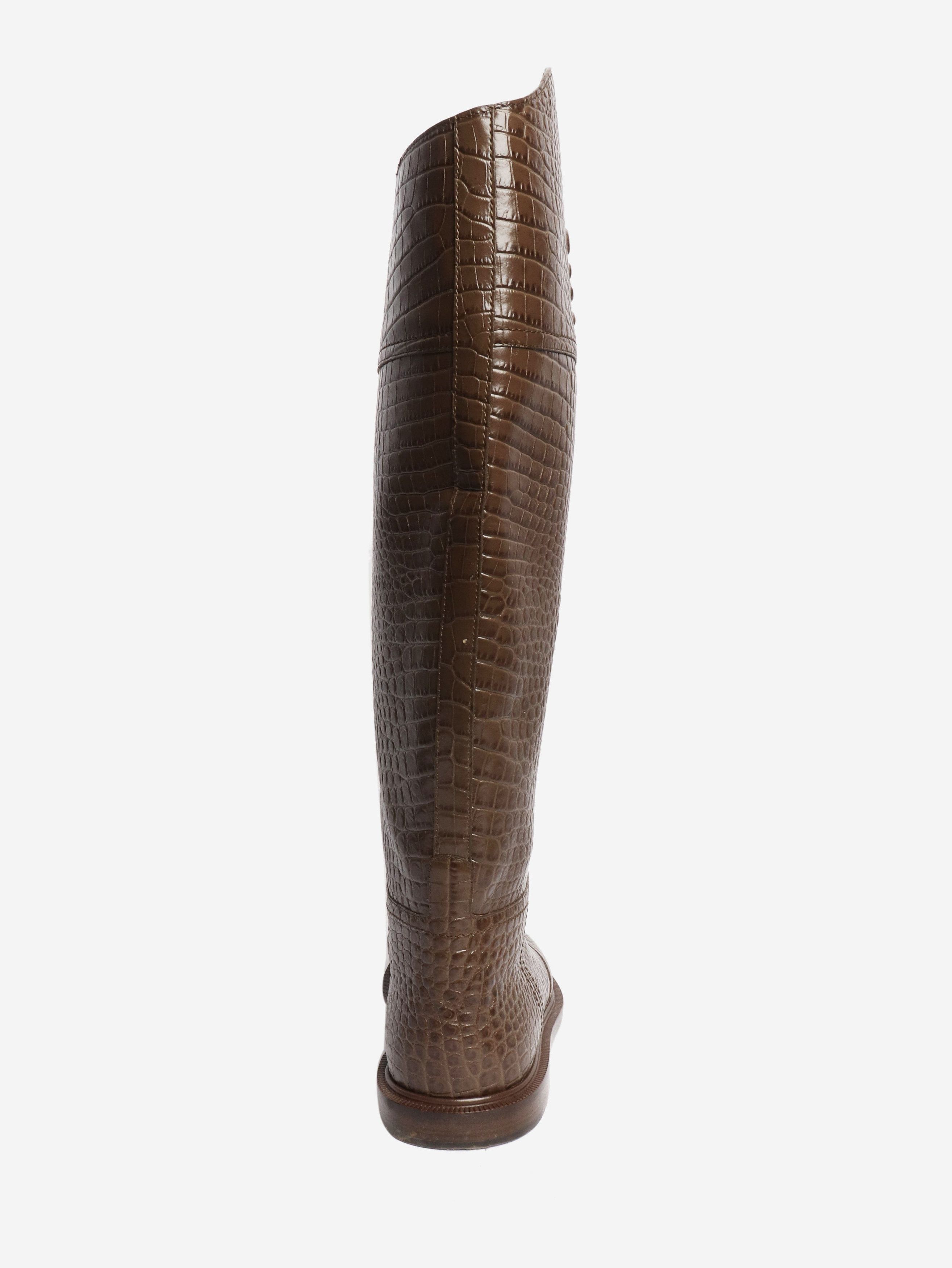 Fendi Brown Karligraphy croc-embossed riding boots - EU 38.5 Size US 7 / IT 37 - 3 Thumbnail