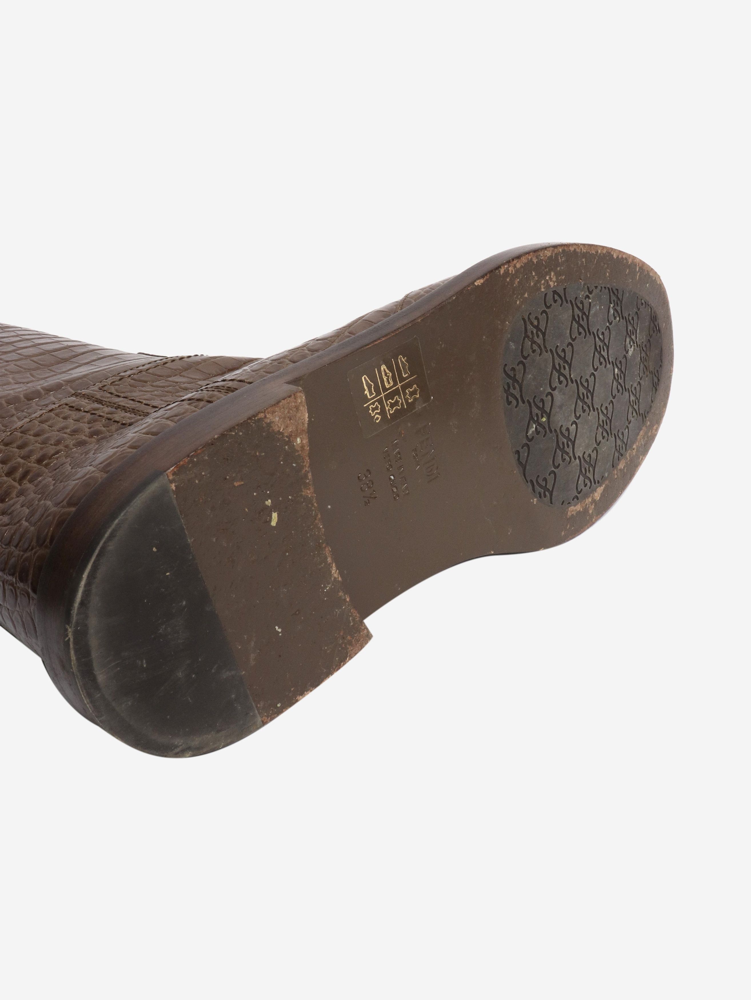 Fendi Brown Karligraphy croc-embossed riding boots - EU 38.5 Size US 7 / IT 37 - 6 Thumbnail