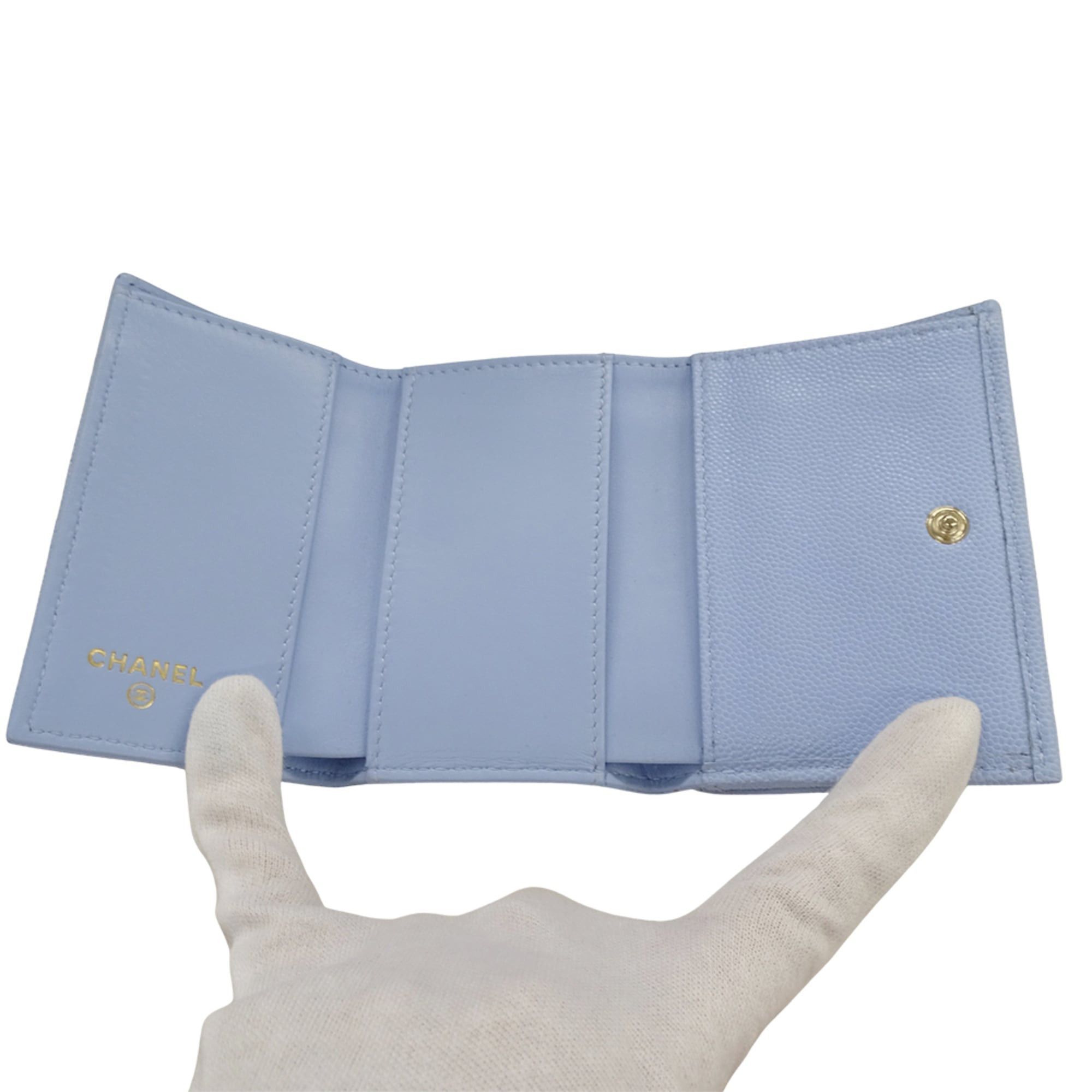 Chanel Chanel women's trifold wallet, caviar leather, matelassé design, light blue with gold hardware. Size ONE SIZE - 5 Thumbnail