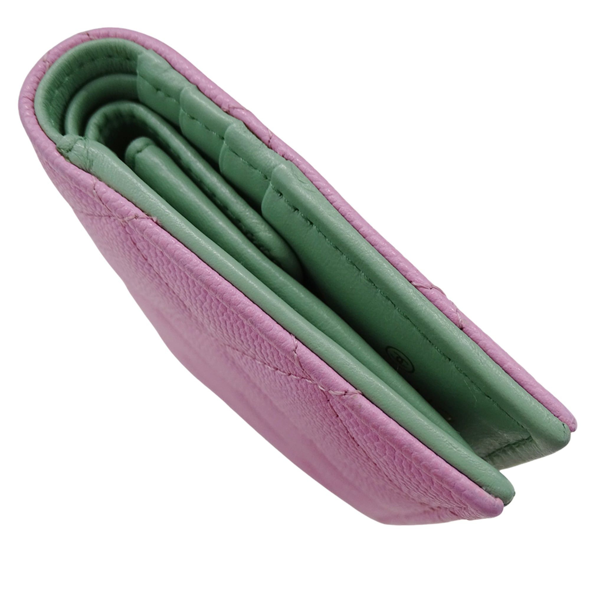 Chanel Chanel women's wallet, brand name, bi-fold caviar leather, matelassé, pink, green, gold hardware, Coco mark. Size ONE SIZE - 3 Thumbnail