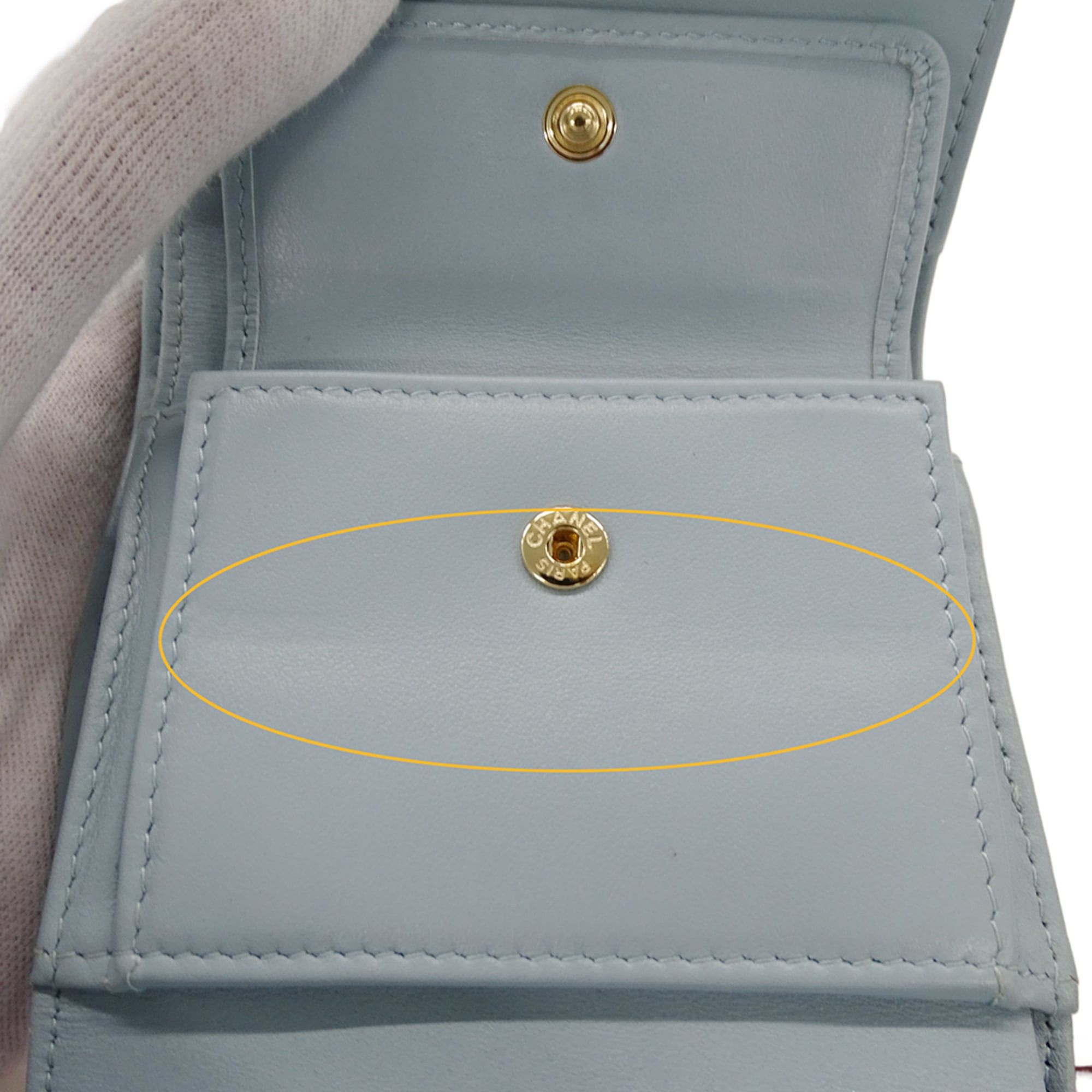 Chanel Chanel women's trifold wallet, caviar leather, camellia design, light blue, gold hardware. Size ONE SIZE - 10 Thumbnail
