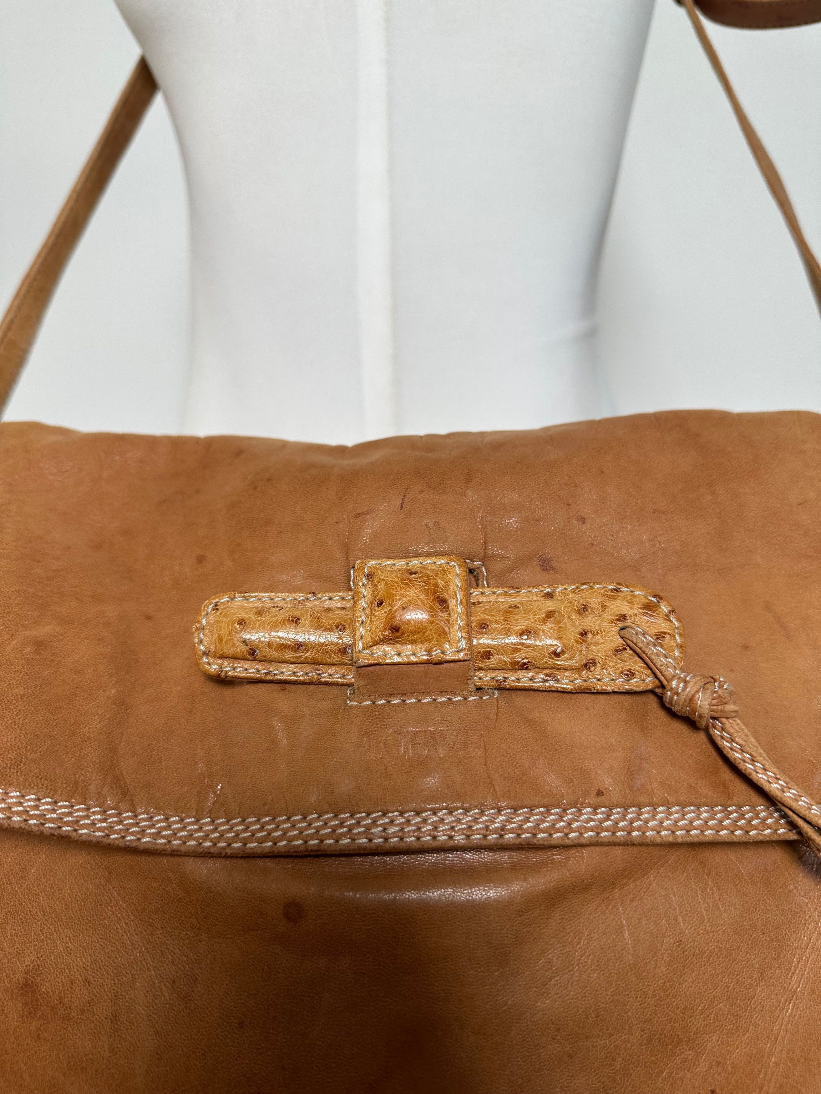 Loewe Vintage Leather Shoulder Bag with Ostrich Trim Tan Size ONE SIZE - 11 Thumbnail