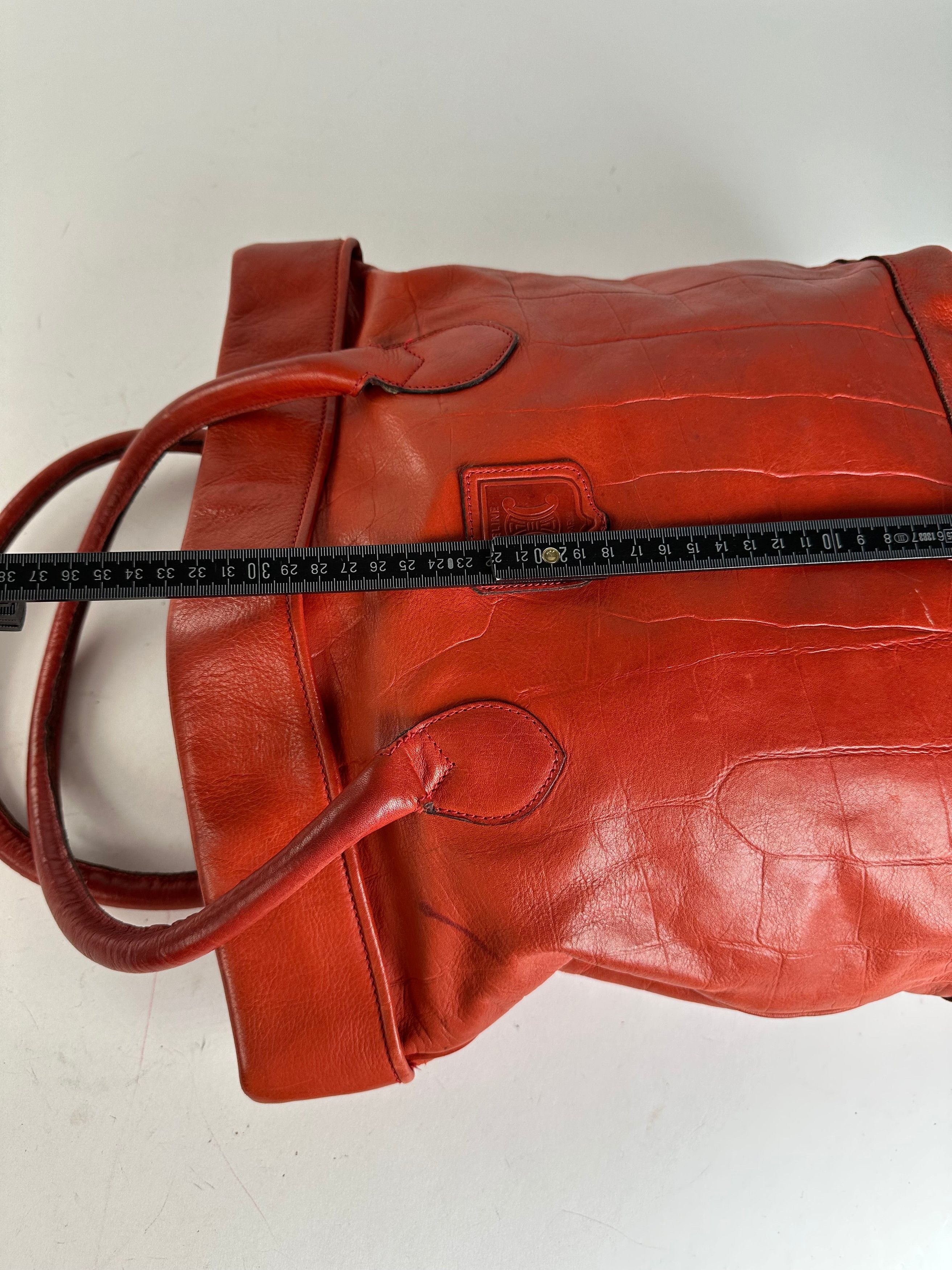 Celine Vintage Triomphe Crest Croc Embossed Leather Tote Red Size ONE SIZE - 12 Thumbnail
