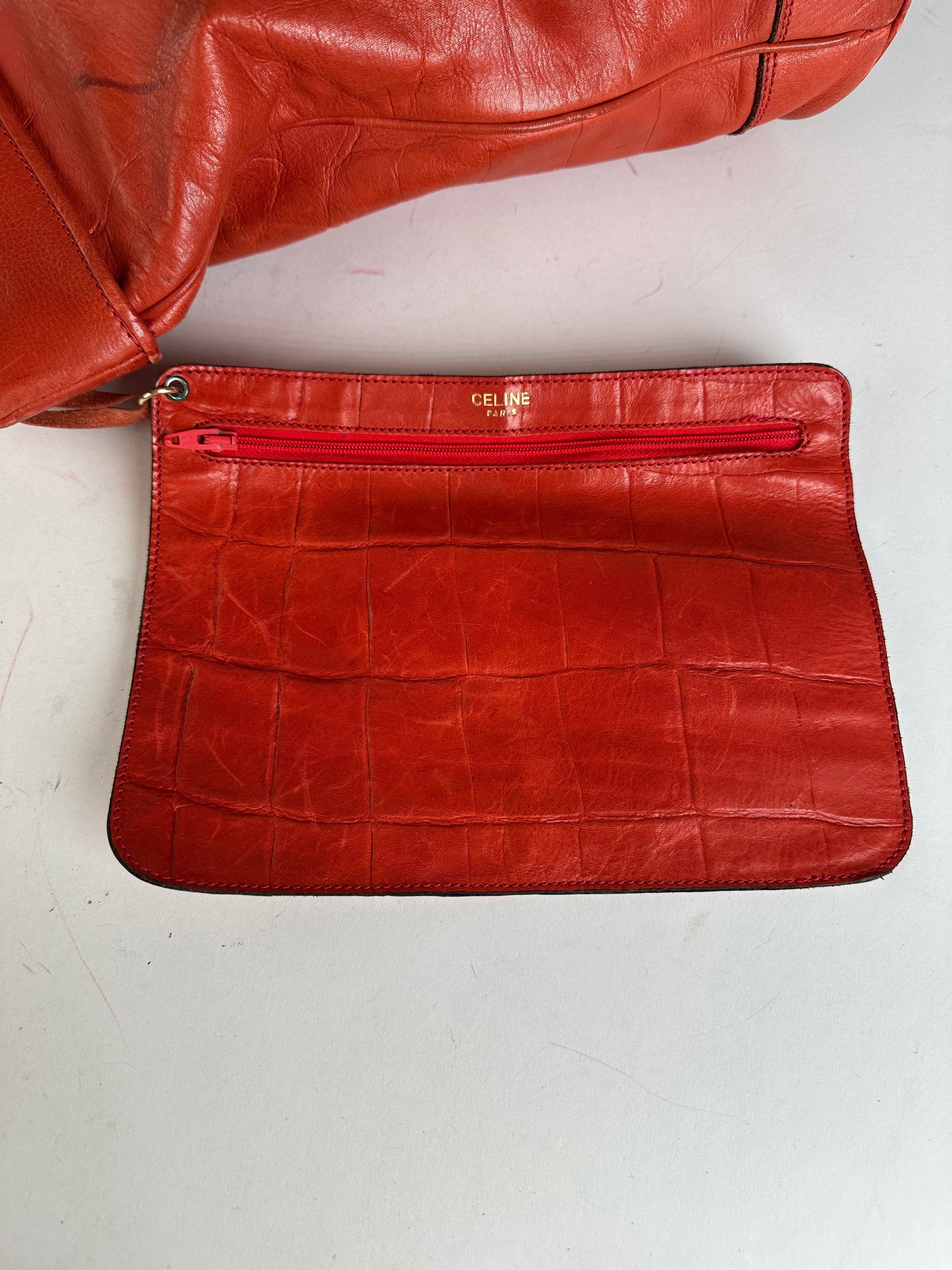 Celine Vintage Triomphe Crest Croc Embossed Leather Tote Red Size ONE SIZE - 8 Thumbnail