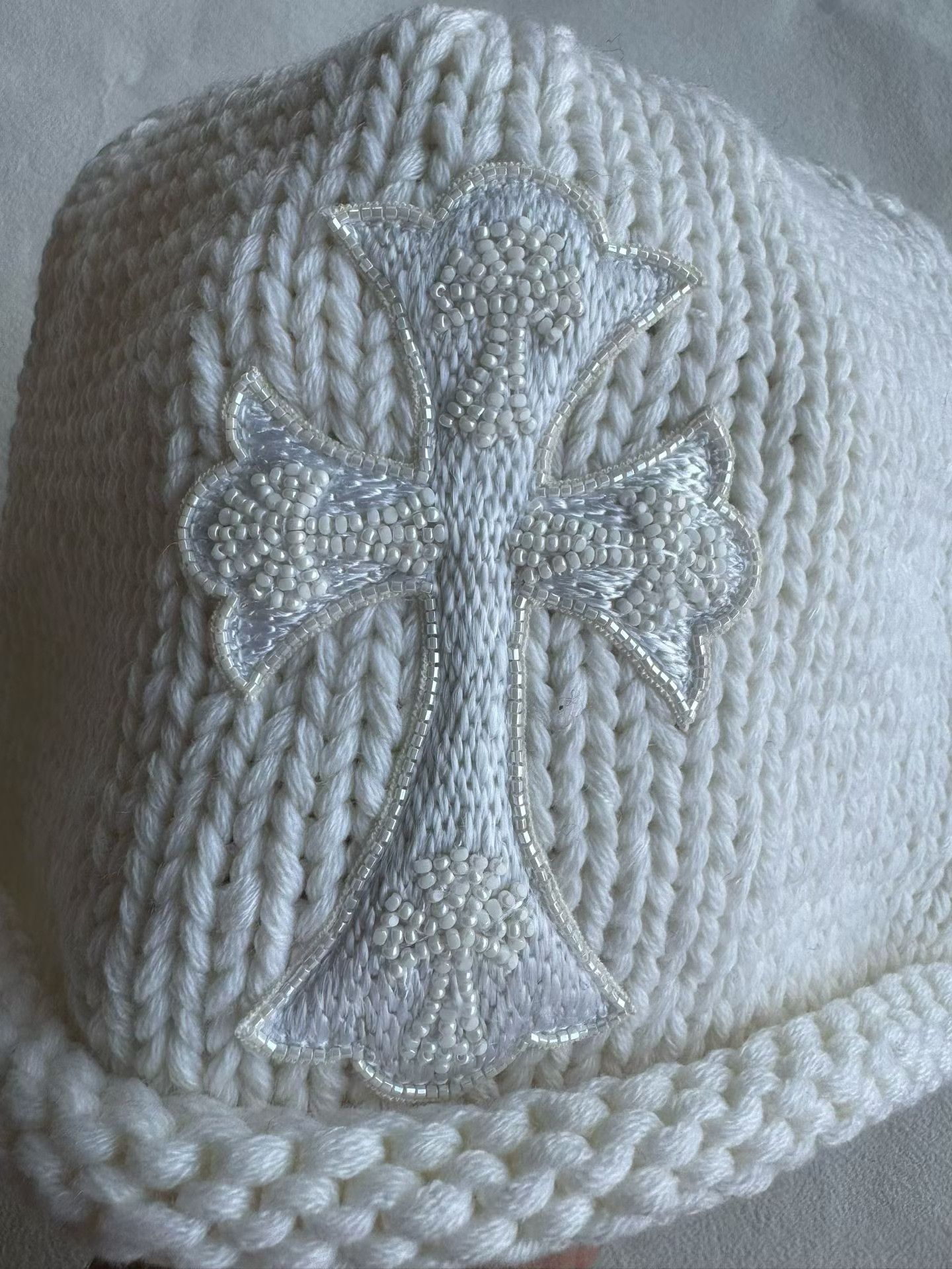 Chrome Hearts Chromehearts New White Pearl Cross Cashmere Beanie Size ONE SIZE - 3 Thumbnail
