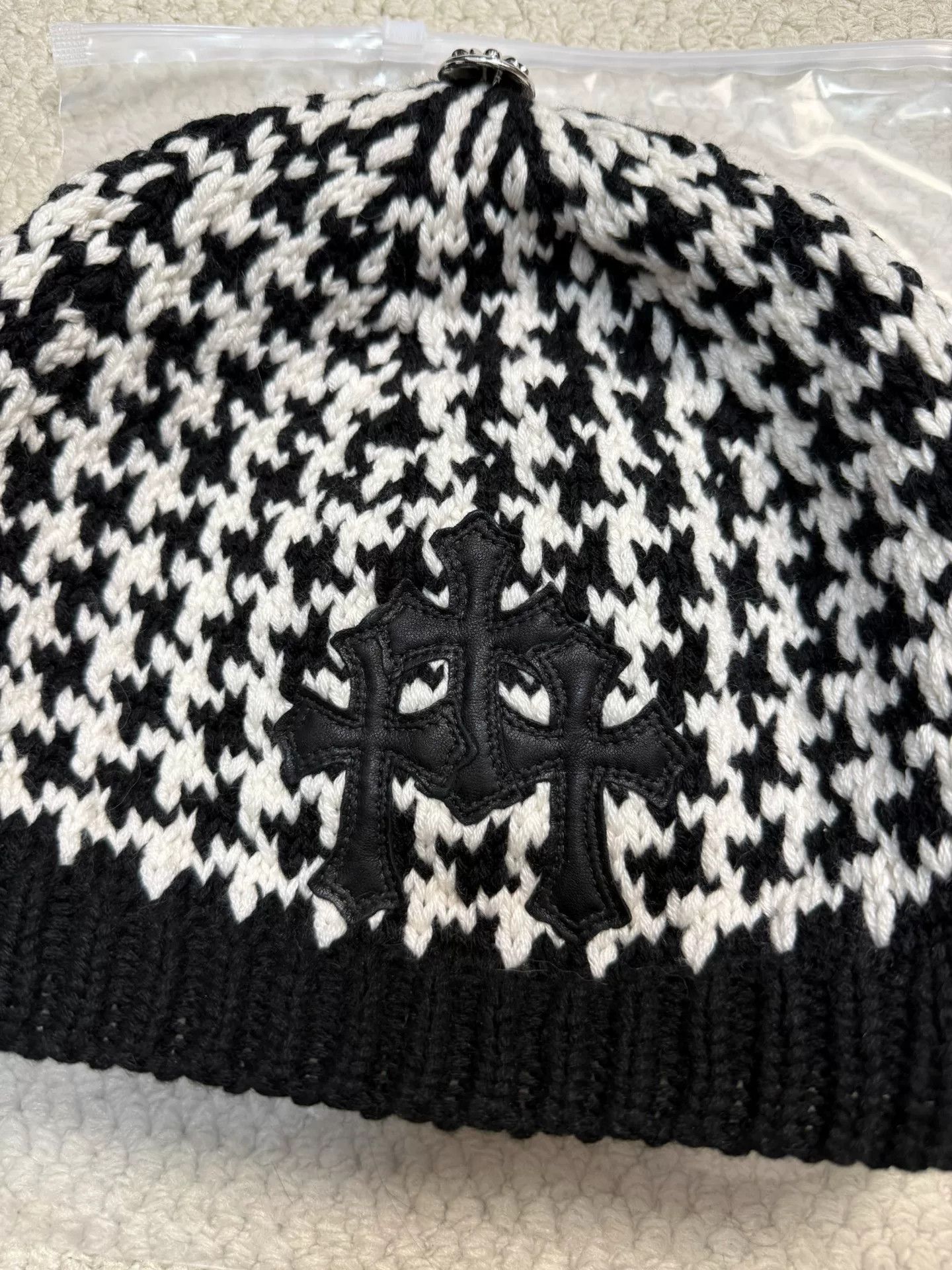 Chrome Hearts Chrome Hearts Cross Leather Patch Houndstooth Cashmere Beanie Size ONE SIZE - 3 Thumbnail