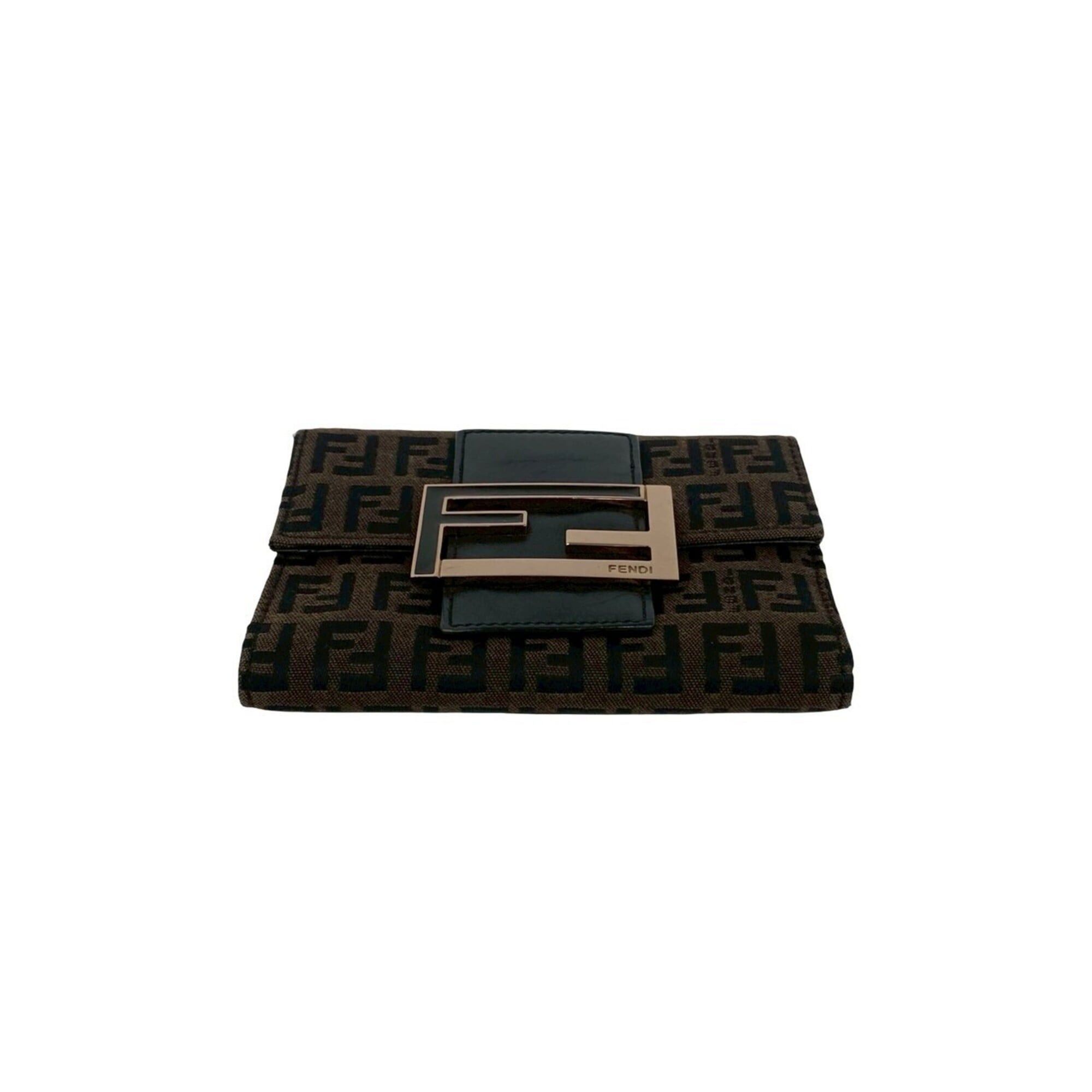 Fendi FENDI Zucchino FF pattern logo hardware canvas leather genuine trifold wallet mini brown black 20681 Size ONE SIZE - 6 Thumbnail