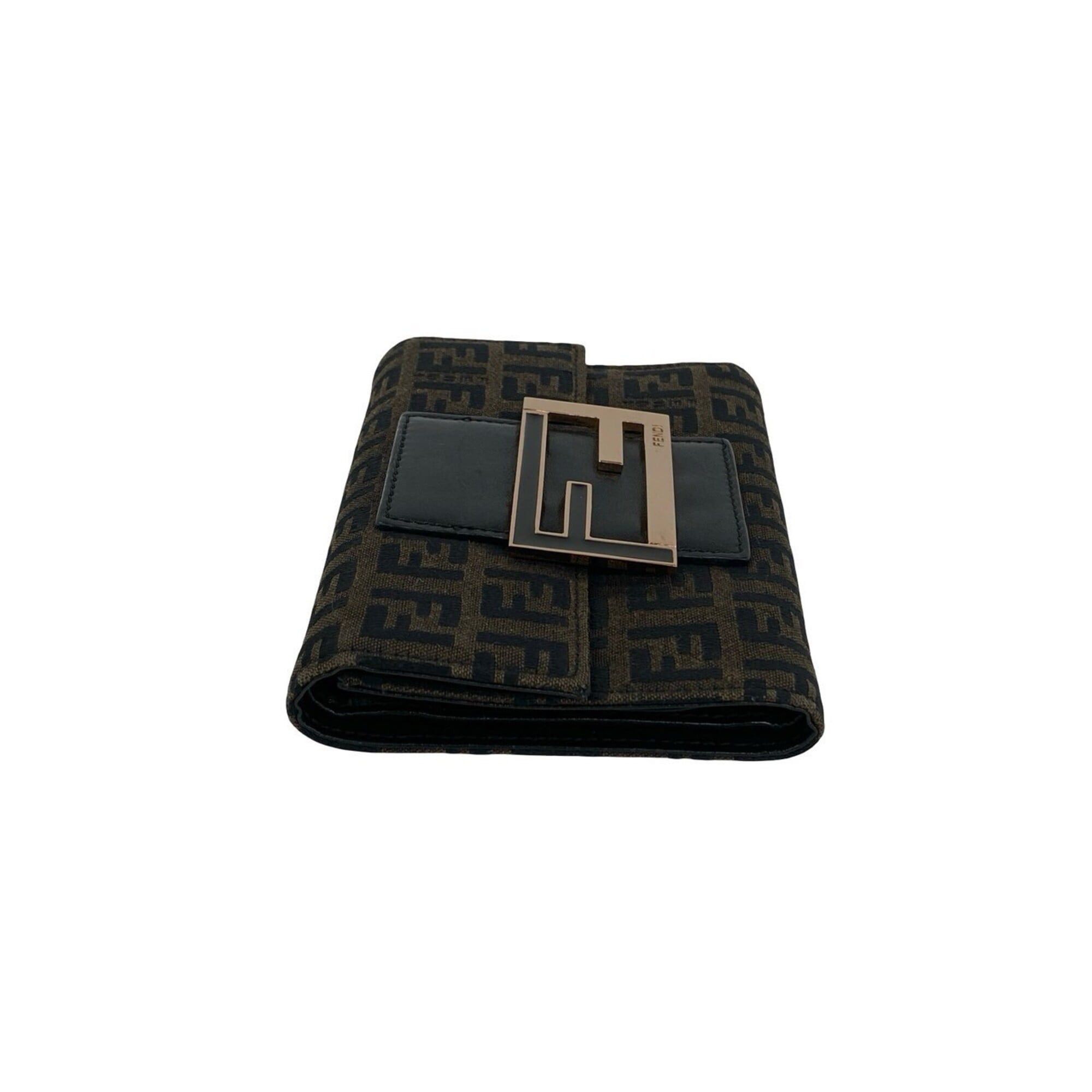 Fendi FENDI Zucchino FF pattern logo hardware canvas leather genuine trifold wallet mini brown black 20681 Size ONE SIZE - 4 Thumbnail