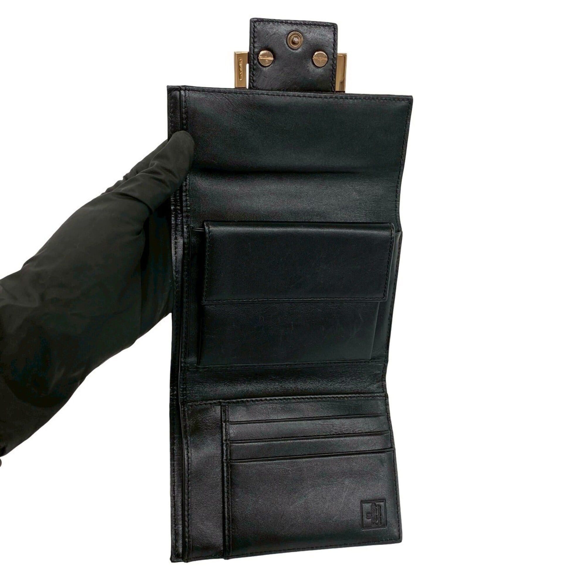 Fendi FENDI Zucchino FF pattern logo hardware canvas leather genuine trifold wallet mini brown black 20681 Size ONE SIZE - 7 Thumbnail