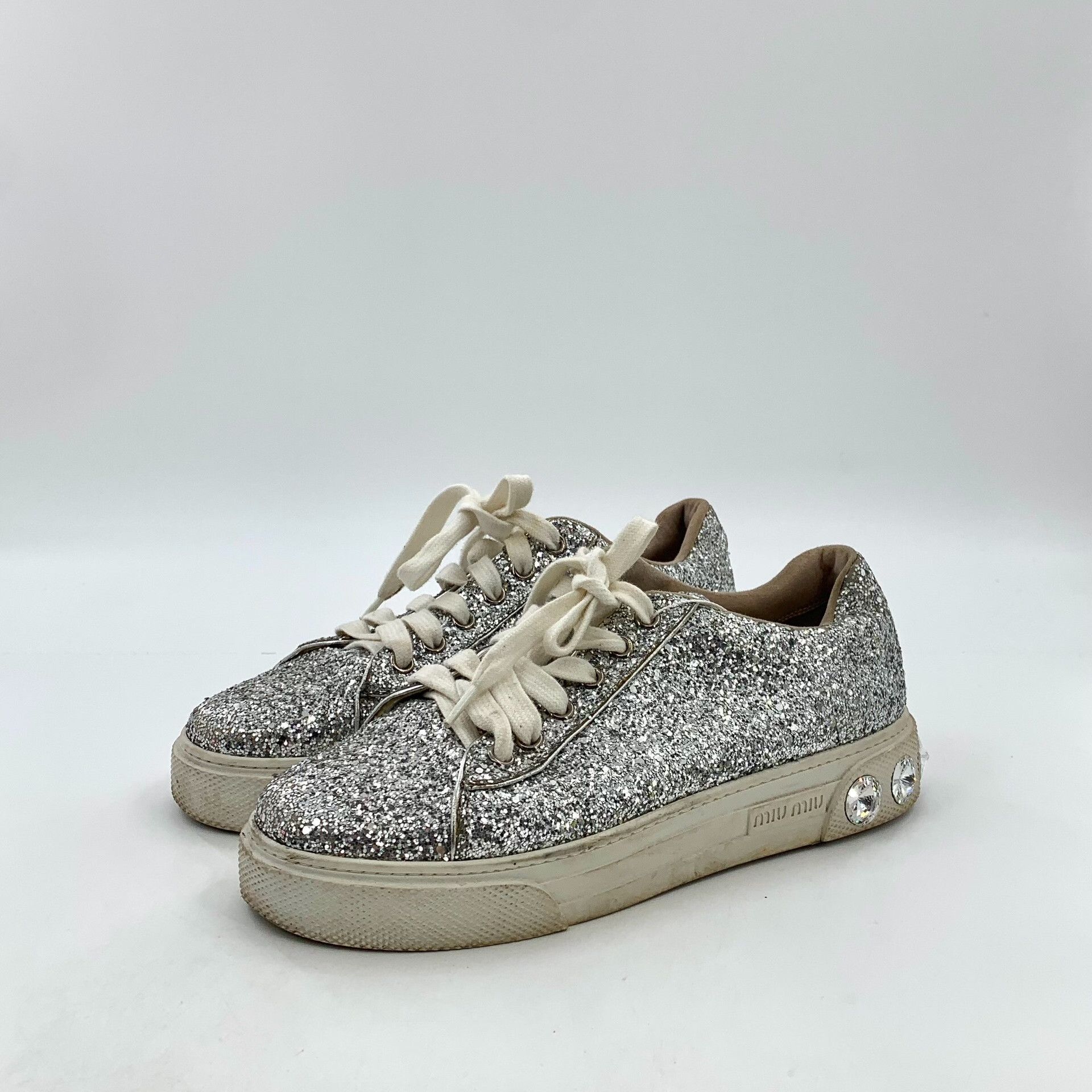 Miu Miu Miu Miu Silver Glitter Crystal Low-Top Sneakers 36.5 Size US 6.5 / IT 36.5 - 2 Thumbnail