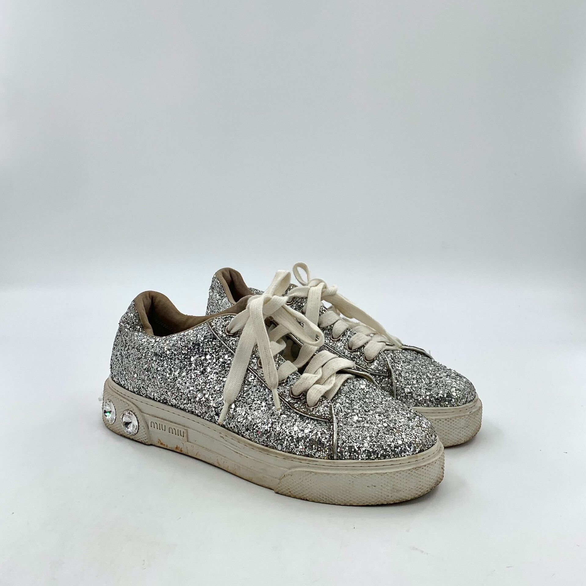 Miu Miu Miu Miu Silver Glitter Crystal Low-Top Sneakers 36.5 Size US 6.5 / IT 36.5 - 3 Thumbnail