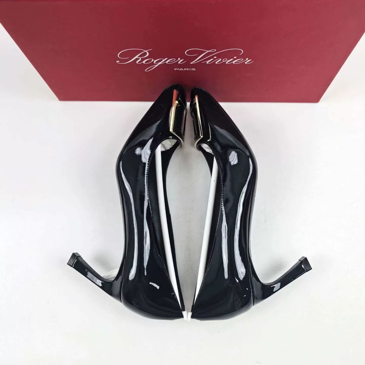 Roger Vivier RV Black Patent Leather Square Buckle Heels Size US 4.5 / IT 34.5 - 4 Thumbnail