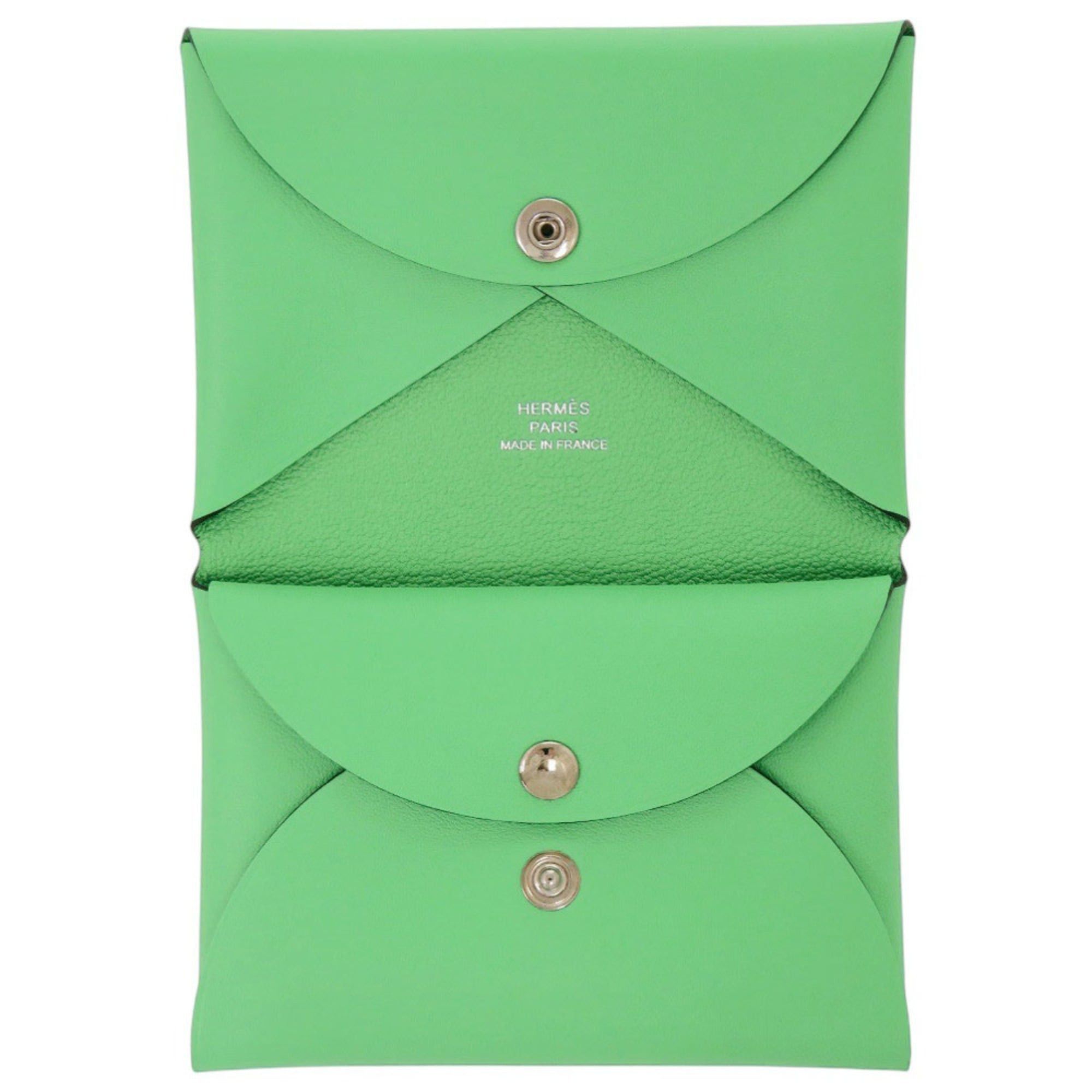 Hermes Unused Hermes Calvi Duo Selle en Desordres Swift leather wallet in Vert Comice with silver hardware, B stamp (2023 production). Green wallet/coin case. 1702HERMES Size ONE SIZE - 5 Thumbnail