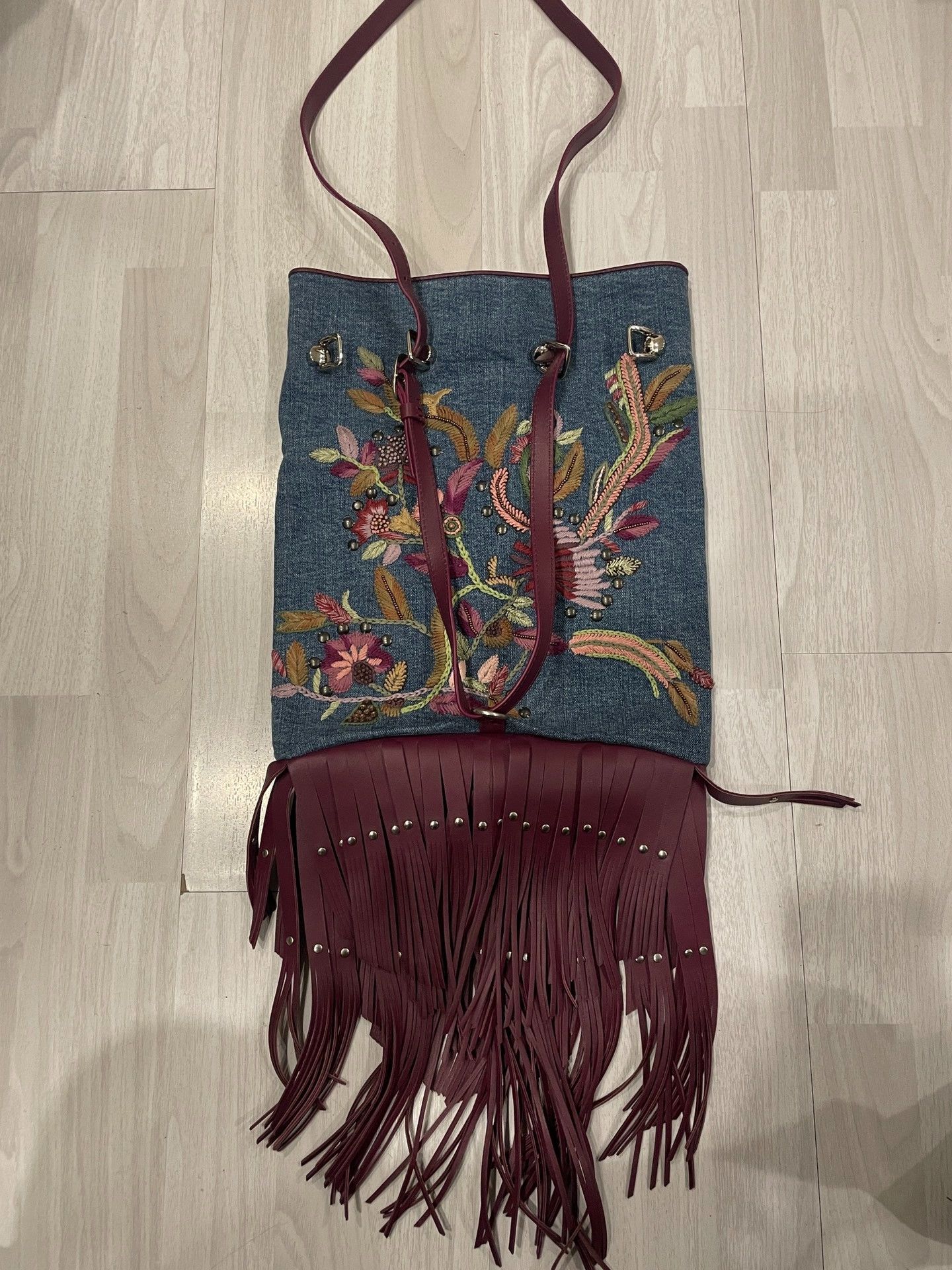 Roberto Cavalli Roberto Cavalli 16-17 Runway Embroidered Denim Fringe Bag Size ONE SIZE - 2 Thumbnail