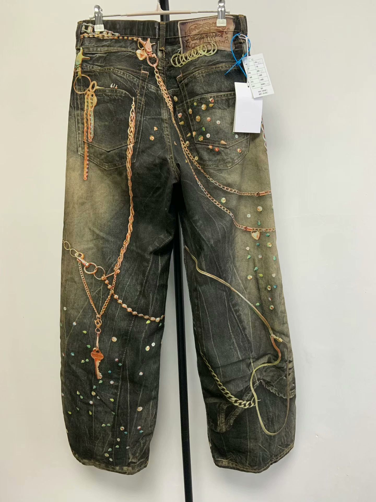 Acne Studios Acne Black Gold Chain Print Loose Jeans Size 22" - 2 Thumbnail