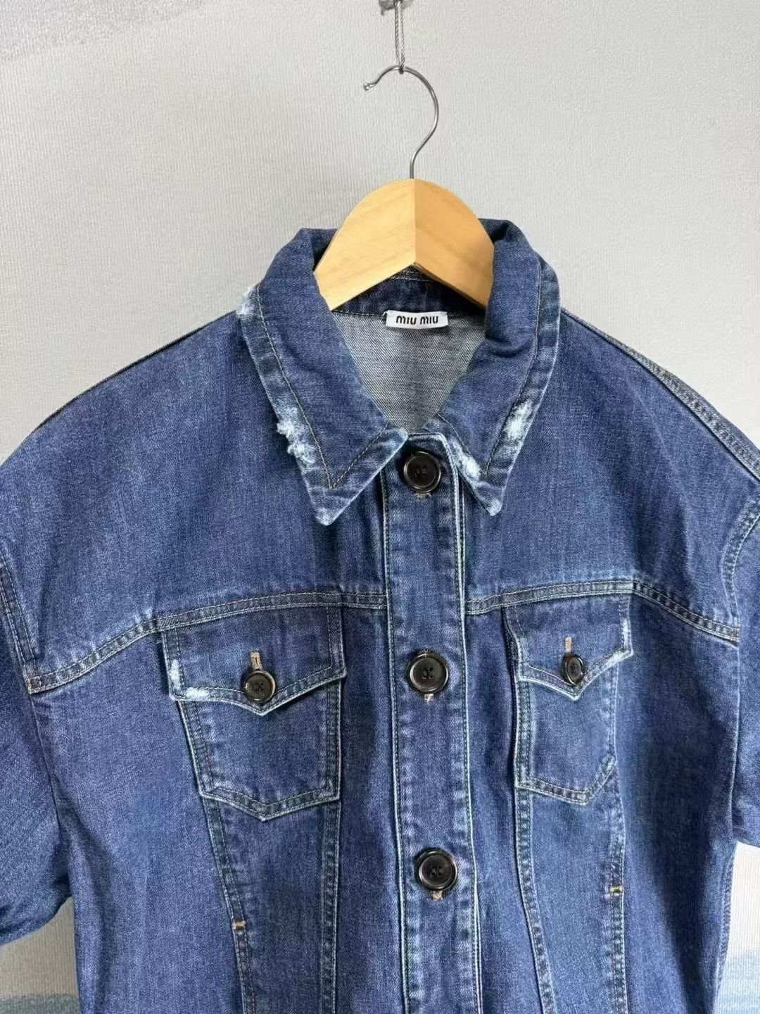 Miu Miu Miu Miu Blue Distressed Denim Short-Sleeve Shirt Size S / US 4 / IT 40 - 2 Thumbnail
