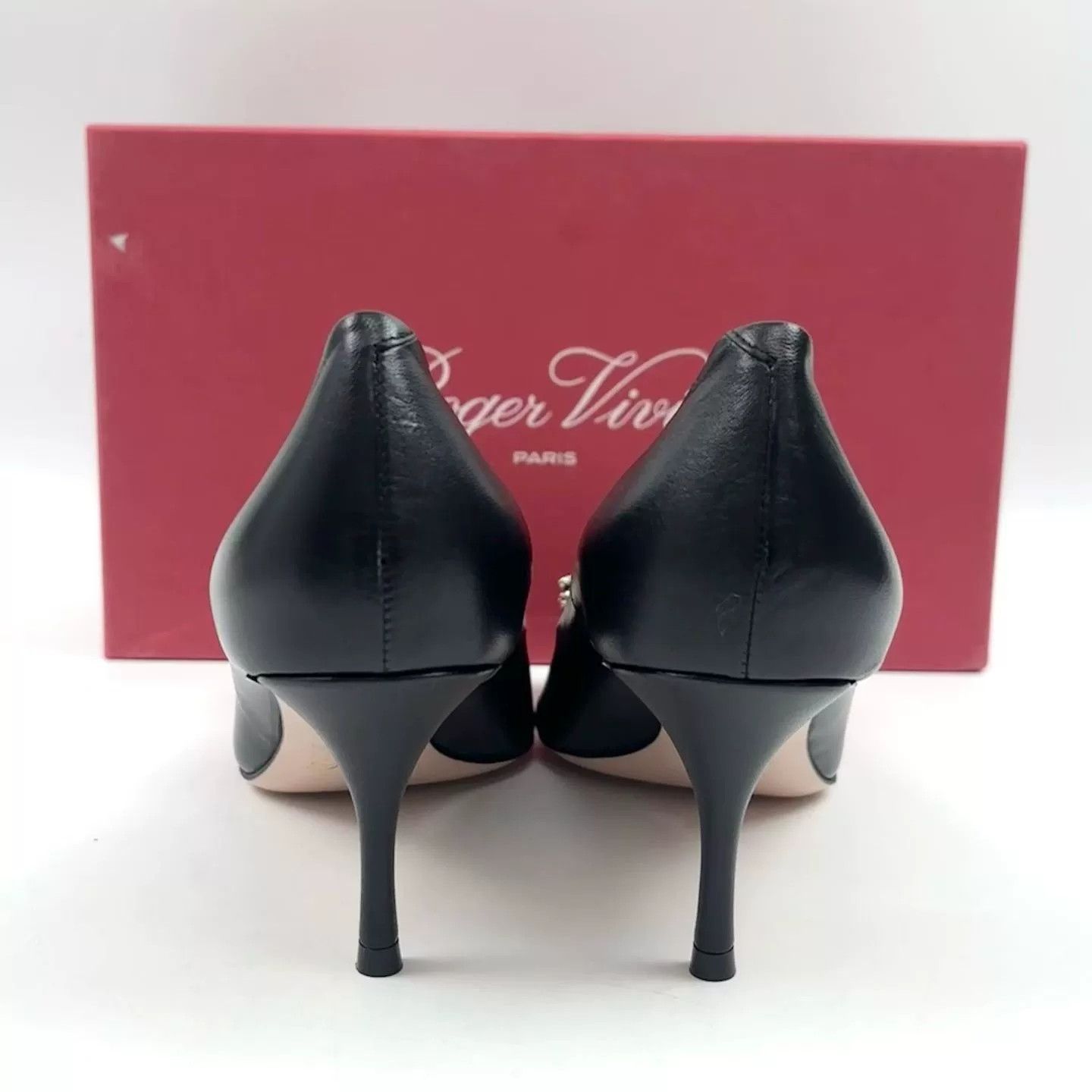 Roger Vivier RV Black Leather Diamond Buckle Heels Size US 7.5 / IT 37.5 - 5 Thumbnail
