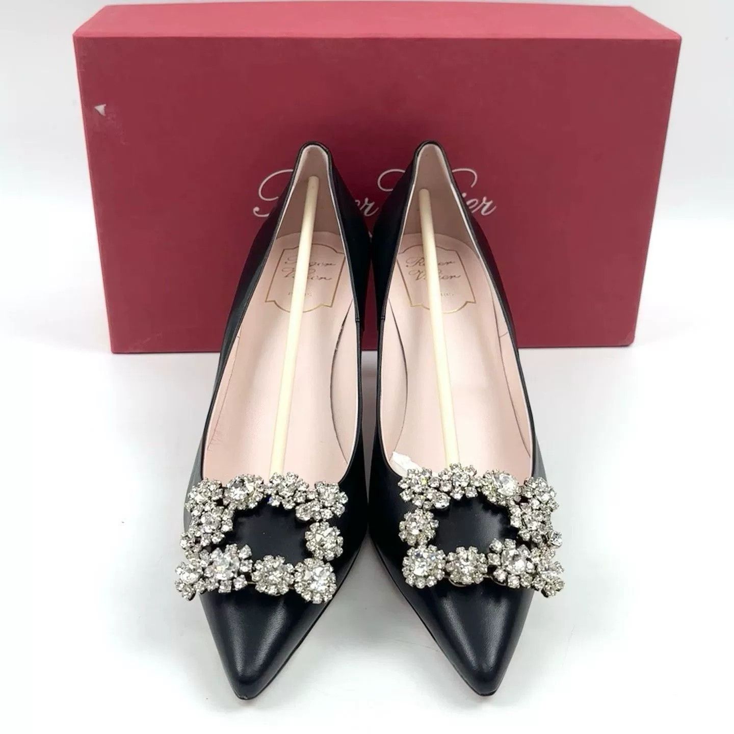 Roger Vivier RV Black Leather Diamond Buckle Heels Size US 7.5 / IT 37.5 - 2 Thumbnail