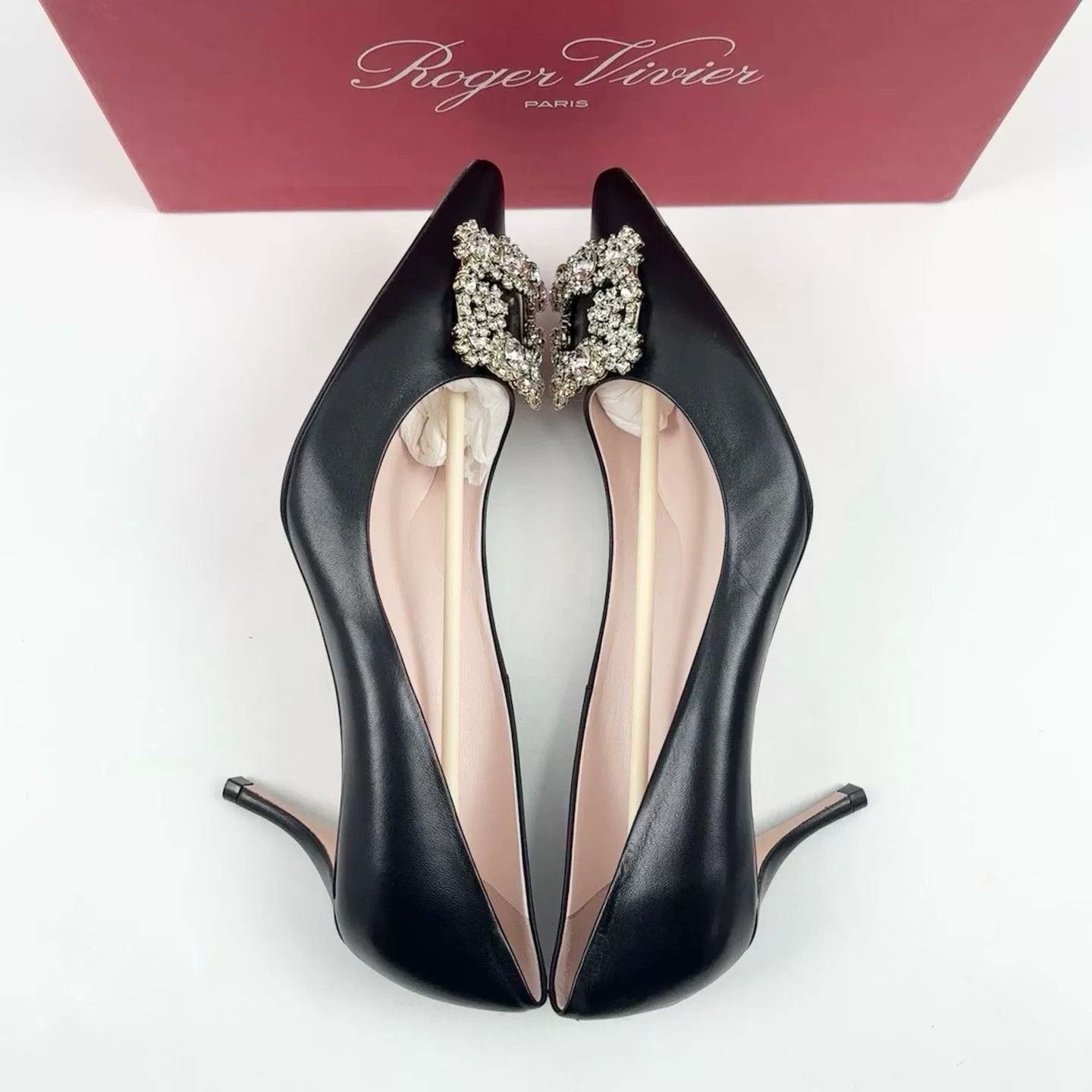Roger Vivier RV Black Leather Diamond Buckle Heels Size US 7.5 / IT 37.5 - 4 Thumbnail