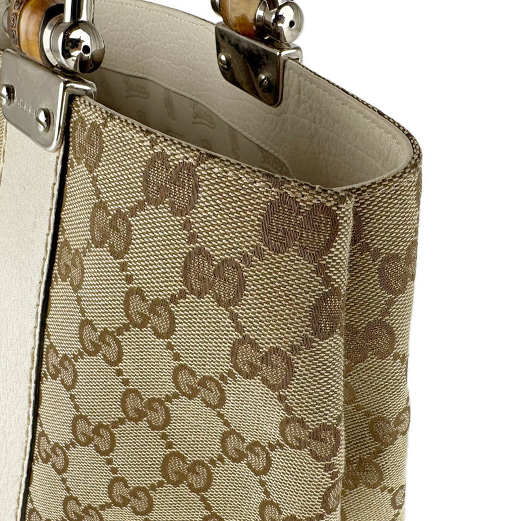 Gucci Gucci tote bag, Bamboo GG canvas, leather, beige brown, ivory, silver, women's, 232947 z9570 Size ONE SIZE - 8 Thumbnail
