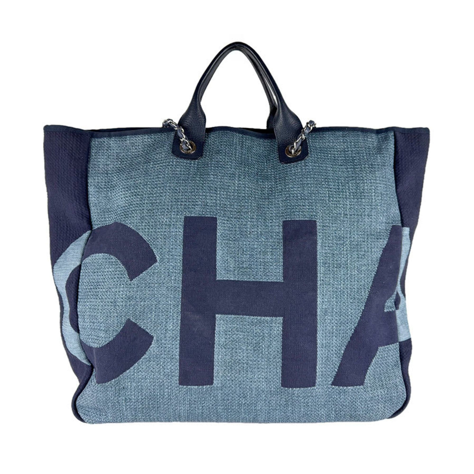Chanel Chanel Shoulder Bag Large Shopping Tote Raffia Canvas Blue Women's z9568 Size ONE SIZE - 3 Thumbnail